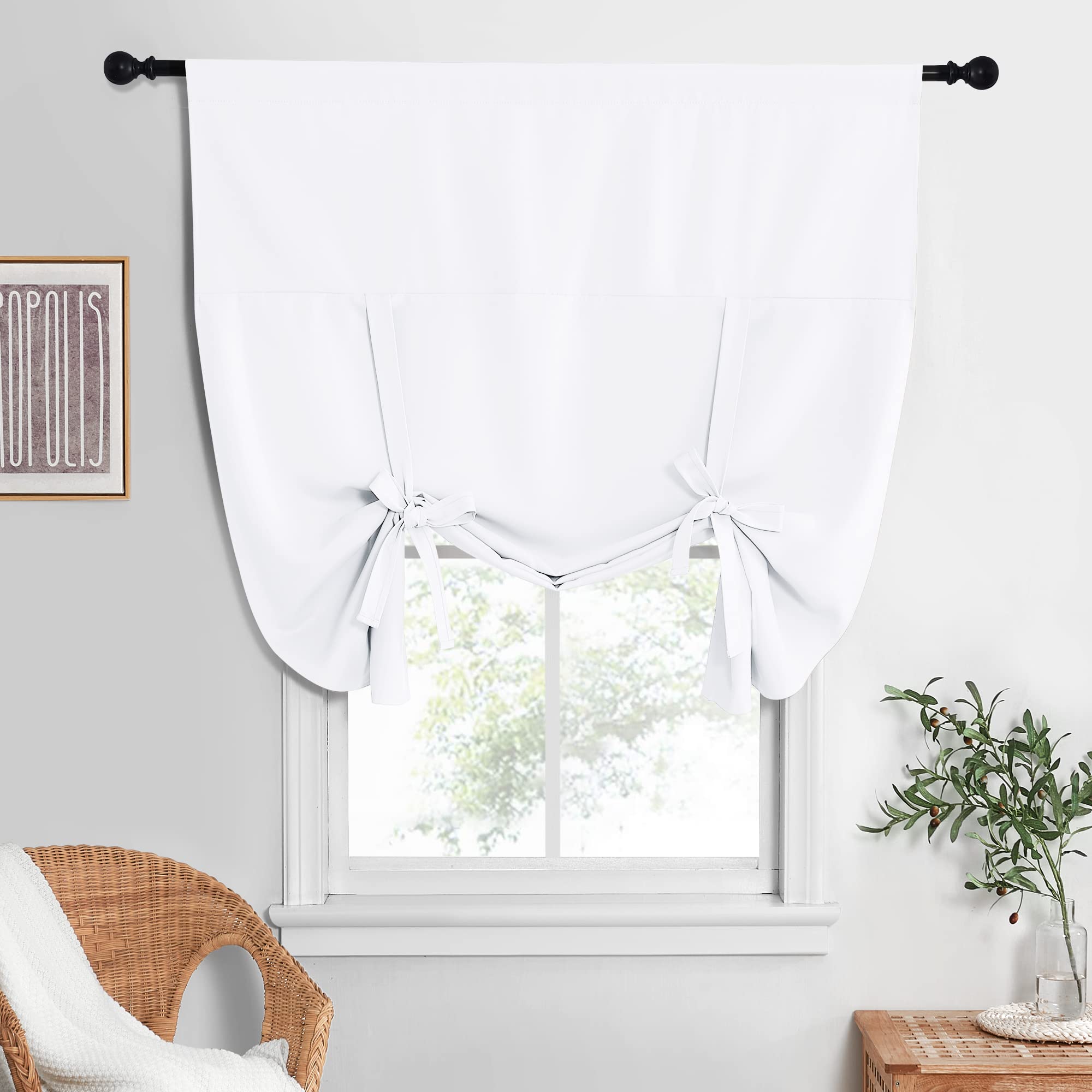NICETOWN Pure White Curtain Thermal Insulated Tie Up Window Shade for Kitchen Light Blocking Curtains for Bathroom, Rod Pocket, 