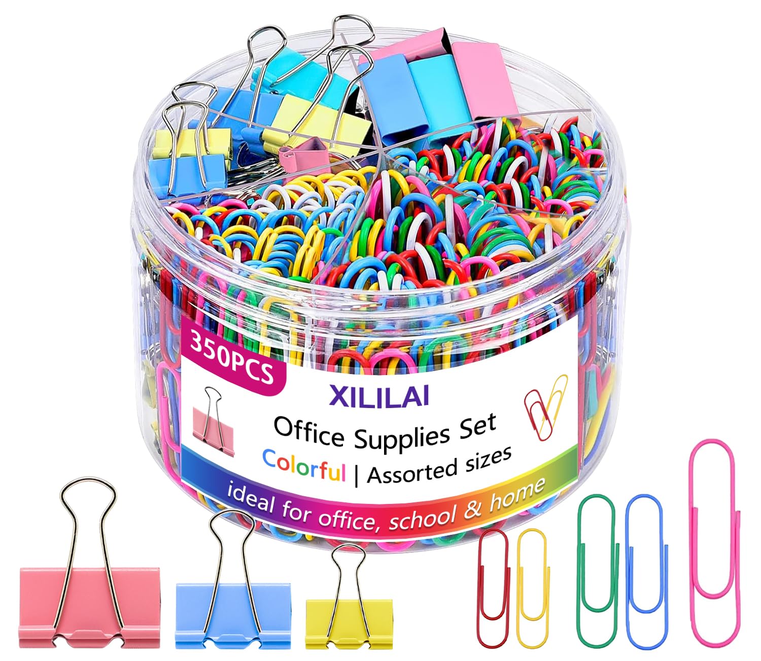 350Pcs Binder Clips, Paper Clips, Large Binder Clips Assorted Sizes Set, Bulldog Clips, Office Clips, Paper Clamps, Colorful Bin