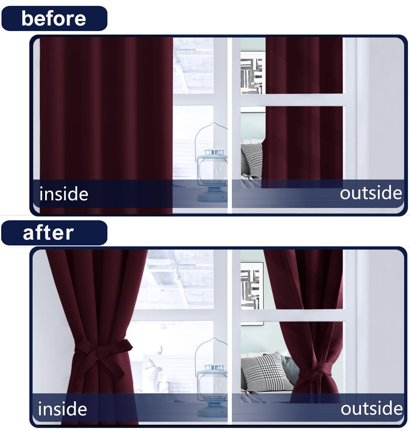 Hiasan Christmas Curtains 63 Inch Long Sewn With Tiebacks, Rod Pocket & Back Tab Blackout Thermal Insulated Burgundy Red Drapes,