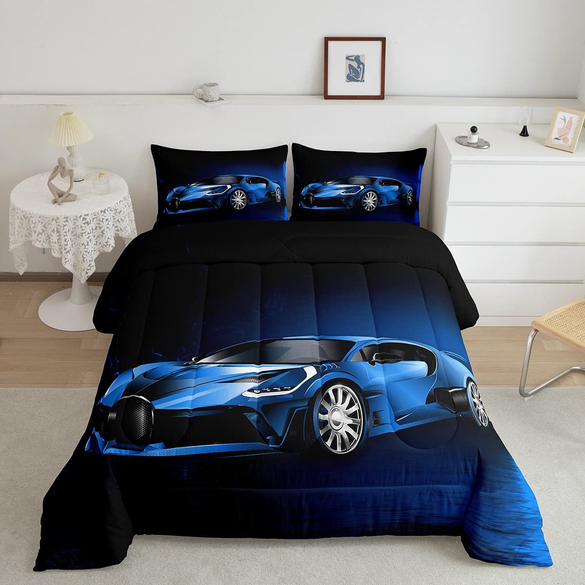 Feelyou Sports Car Comforter Blue Race Car Comforter Set For Kids Boys Girls Extreme Sports Theme Bedding Set Cool Speed Luxury