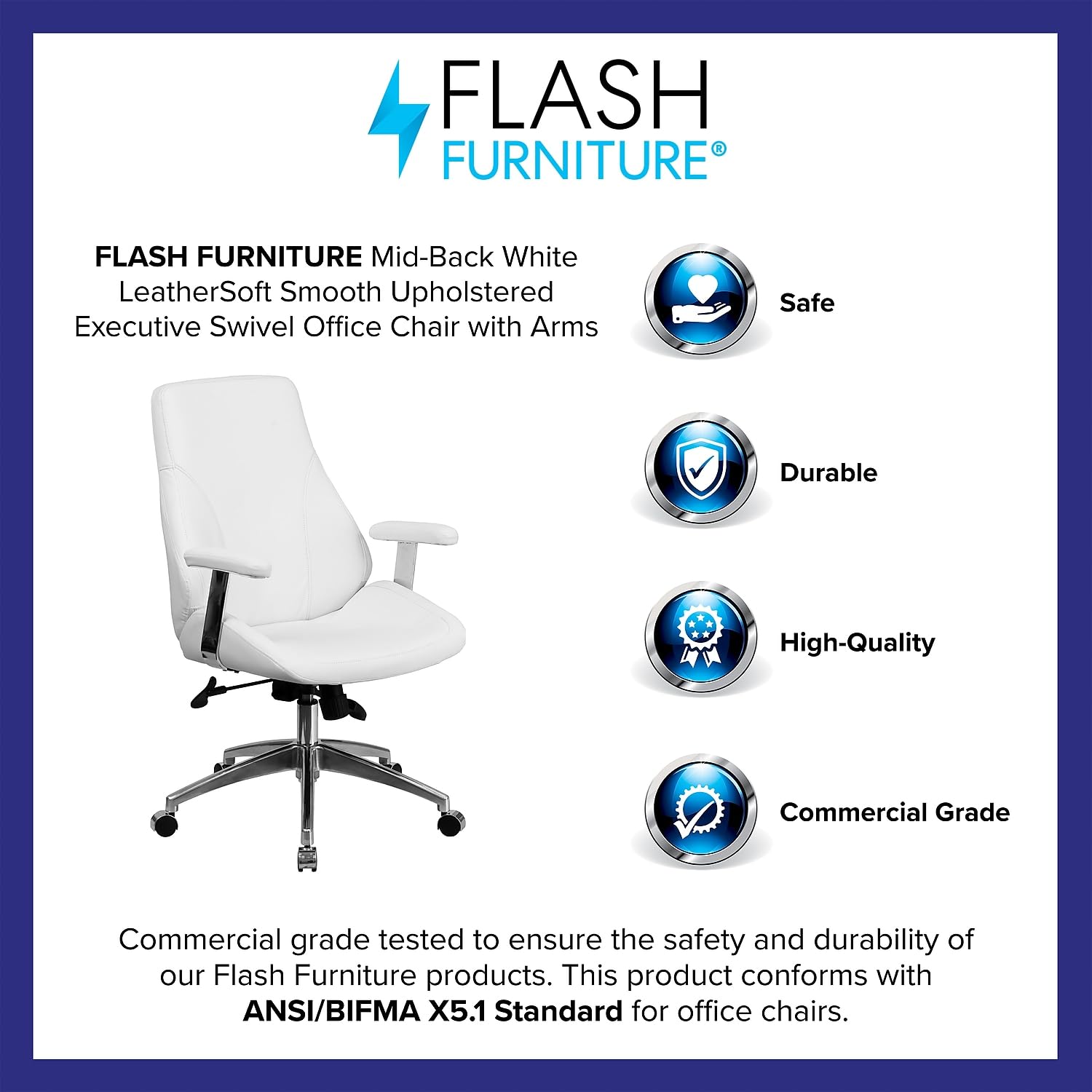 Flash Furniture Hansel Mid-Back White LeatherSoft Smooth Upholstered Executive Swivel Office Chair with Arms