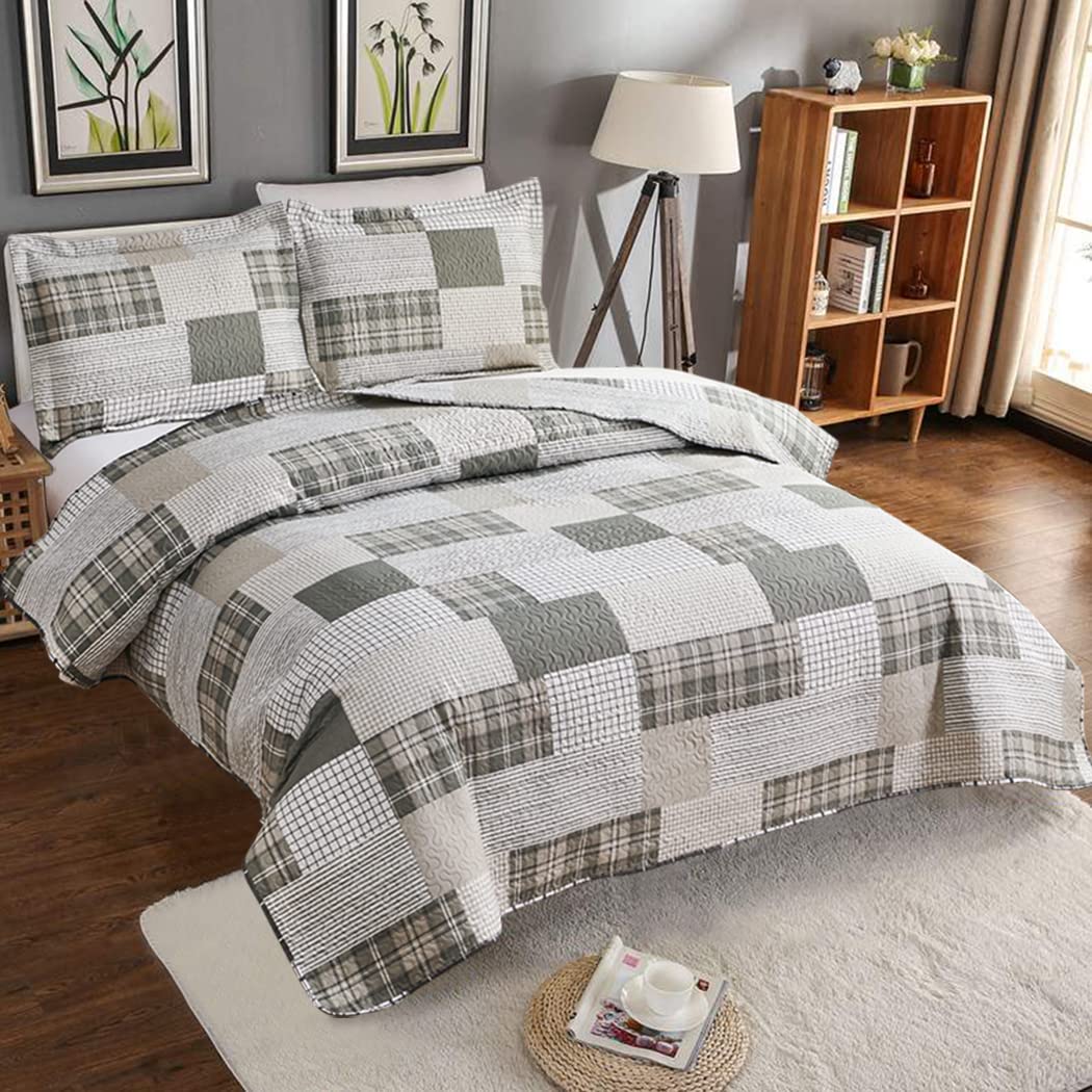 Jarson Patchwork Quilt Set King Size 3-Piece Plaid Bedspread Coverlet Bed Cover With 2 Shams Lightweight Soft Bedding Set For Al