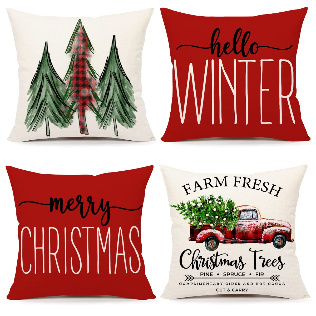 4Th Emotion Red Christmas Pillow Covers 18X18 Set Of 4 Farmhouse Christmas Decorations Merry Christmas Tree Truck Hello Winter H