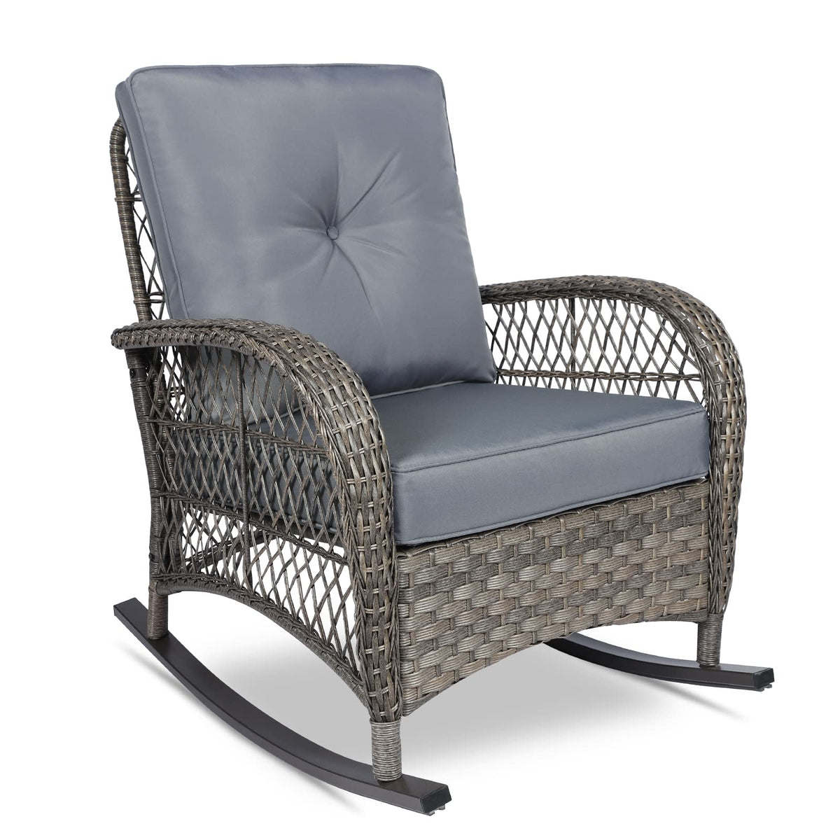 Vivijason Outdoor Wicker Rocking Chair, Patio Rattan Rocker Chair With Cushions & Steel Frame, All-Weather Rocking Lawn Wicker Furniture For Garden Backyard Porch (Grey)