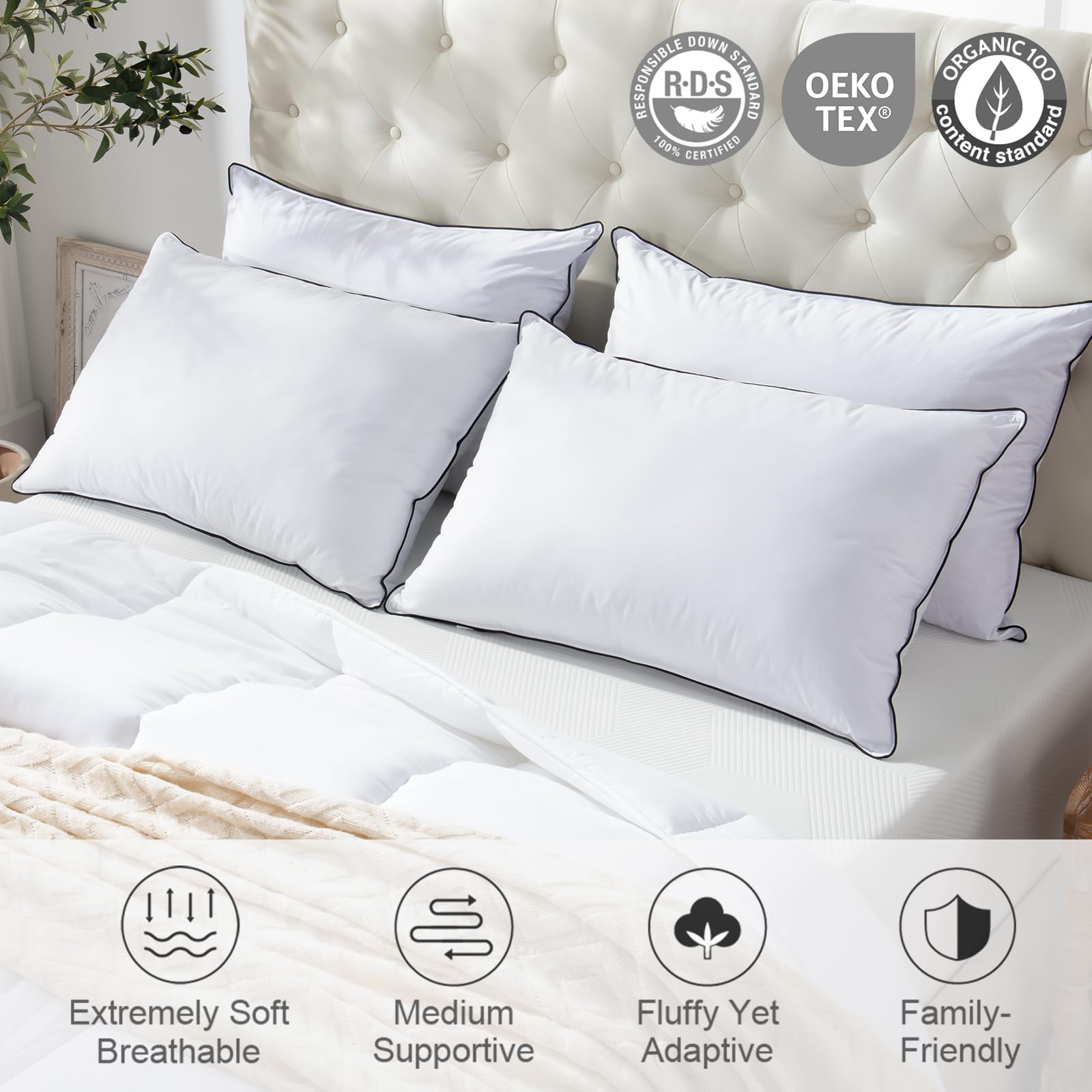 Apsmile Medium Firm Feather Down Pillows Standard Size Set Of 2, Luxury Feather Pillow For Sleeping, 100% Organic Cotton Cover H