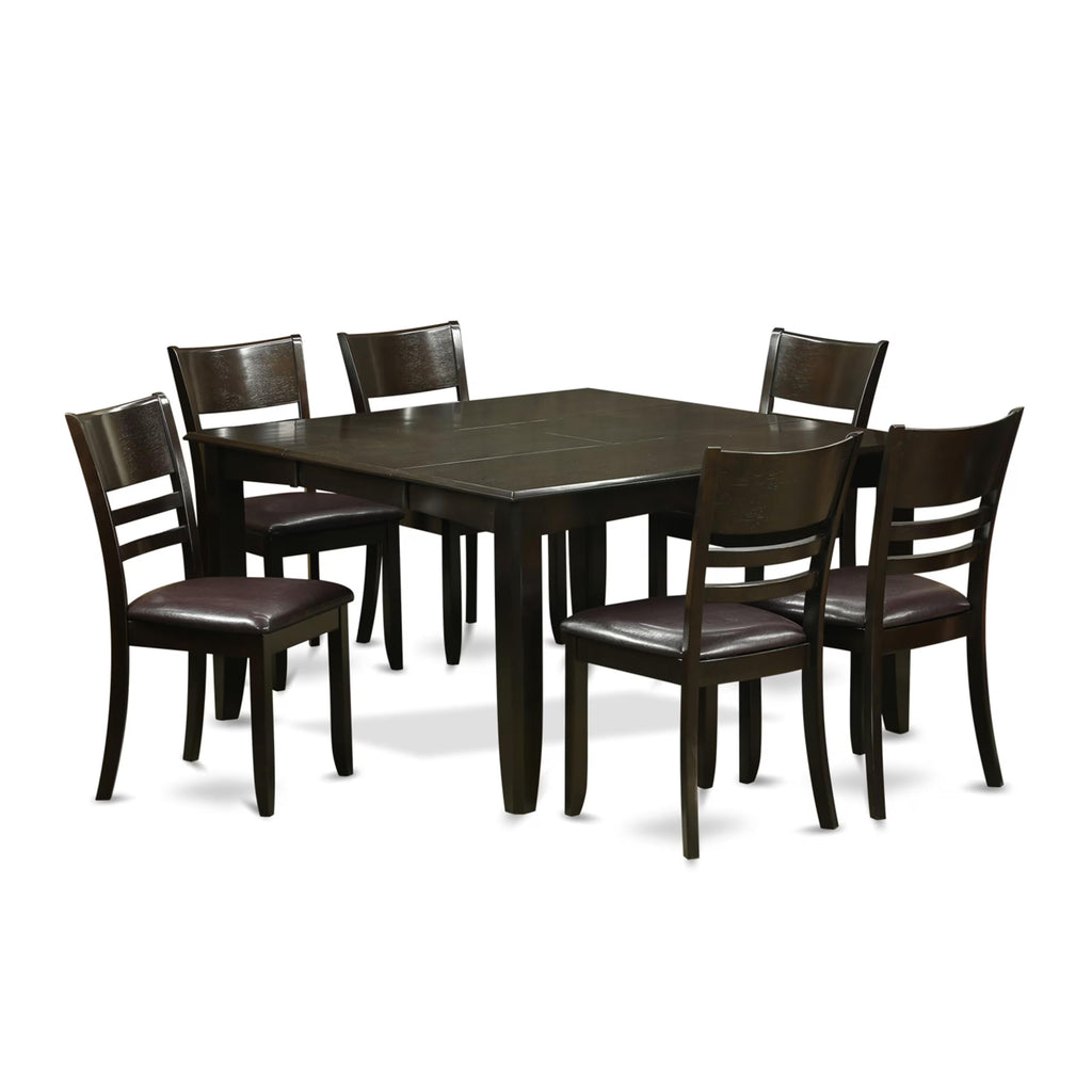 East West Furniture PFLY7-CAP-LC 7 Piece Kitchen Table & Chairs Set Consist of a Square Dining Table with Butterfly Leaf and 6 Faux Leather Dining Room Chairs, 54x54 Inch, Cappuccino