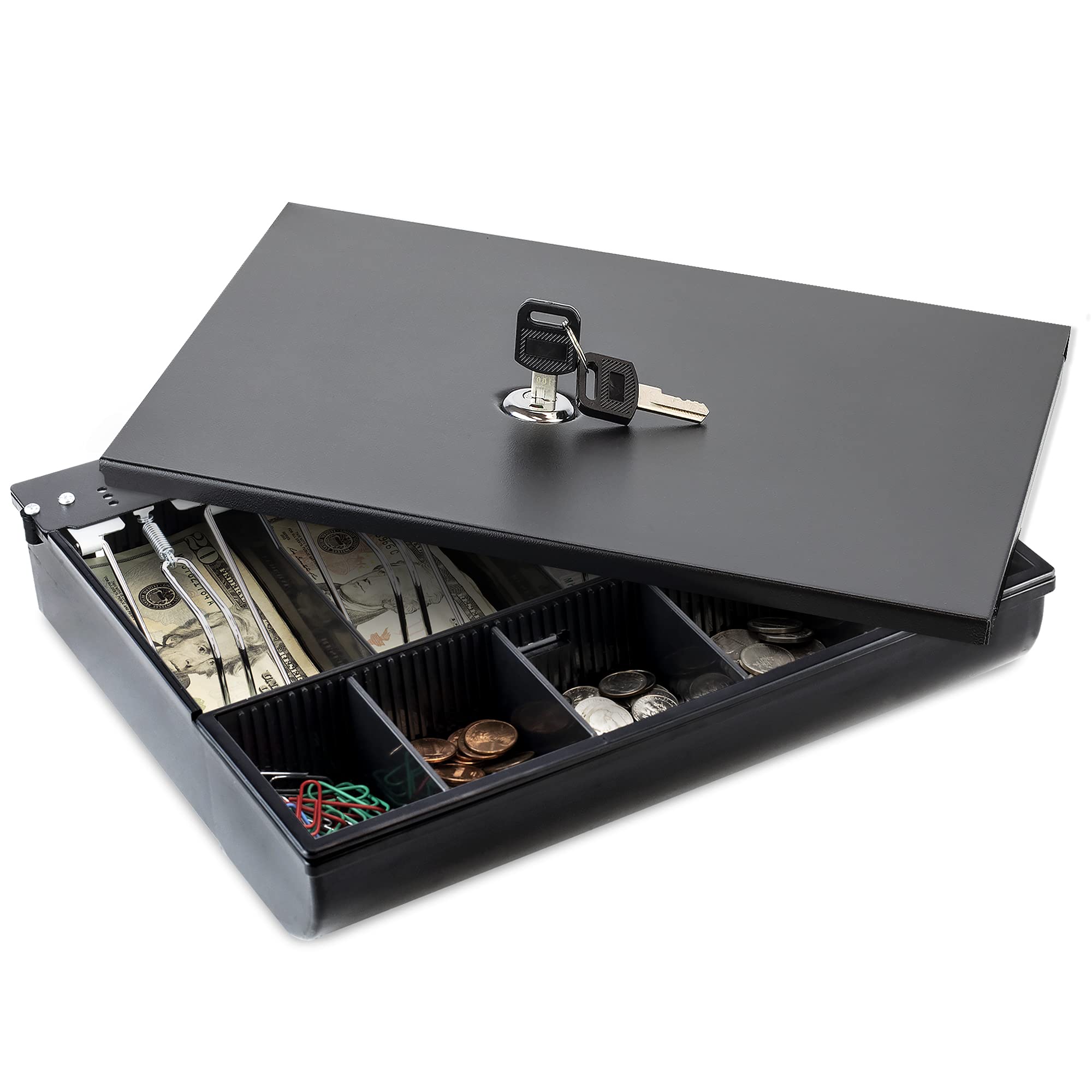 Volcora Cash Drawer Tray With Locking Cover - 11.7 X 10.3 X 2.3 Inch Metal Cash Lock Box With Lid - 4 Bill/5 Coin Money Organize
