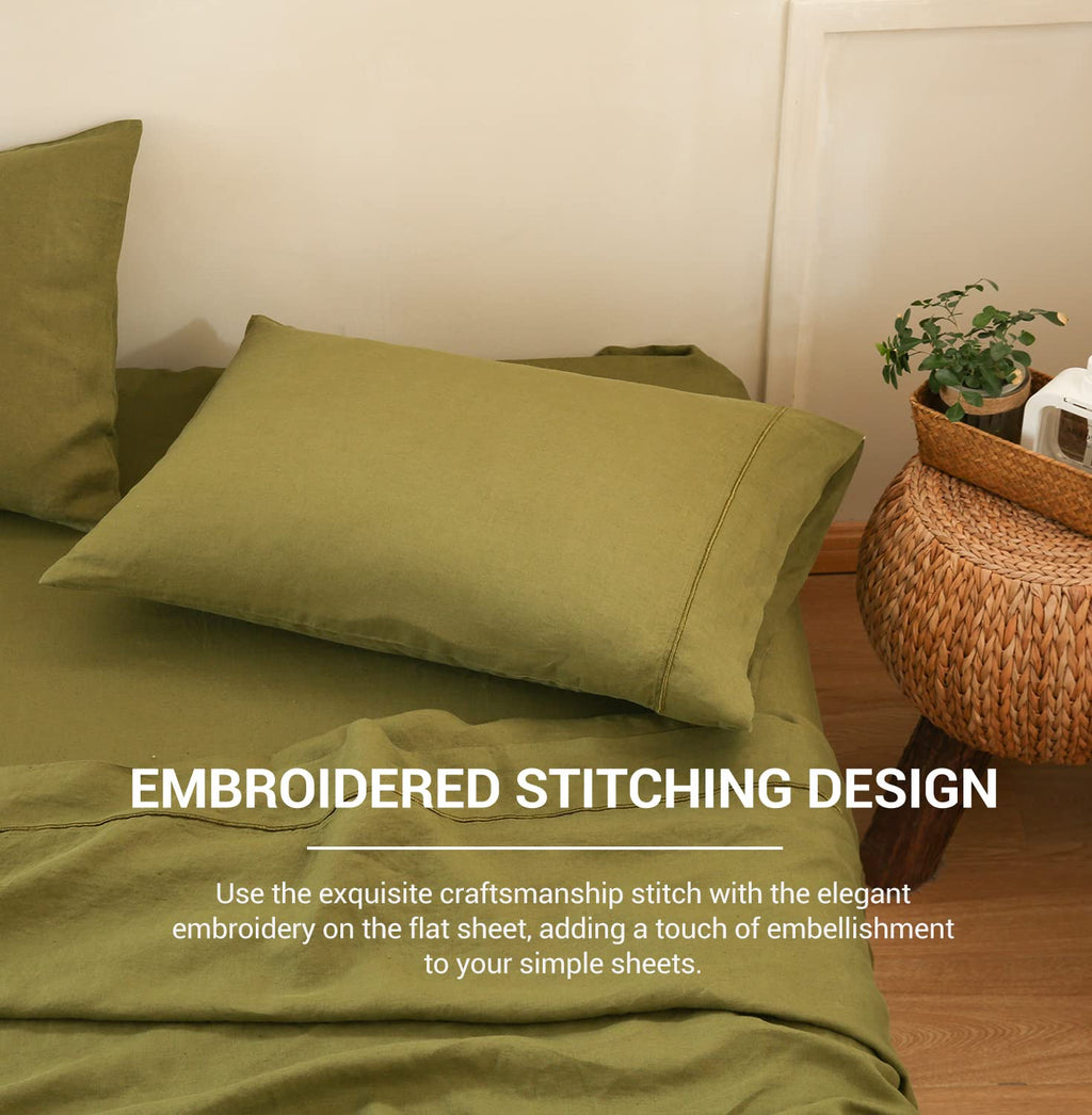 Simple&Opulence 100% Belgian Linen Pillowcase Embroidered-Set Of 2, Queen(Standard) Size(20''X30''), Stone Washed Solid Color-Soft And Durable, Olive Green