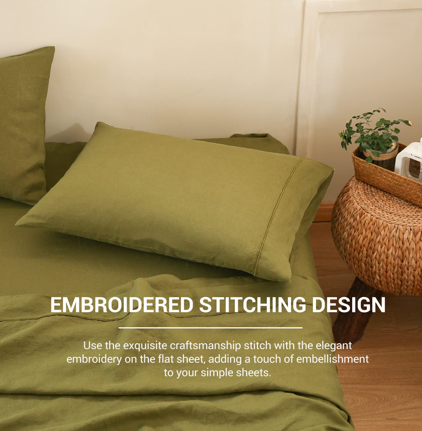 Simple&Opulence 100% Belgian Linen Pillowcase Embroidered-Set Of 2, Queen(Standard) Size(20''X30''), Stone Washed Solid Color-Soft And Durable, Olive Green