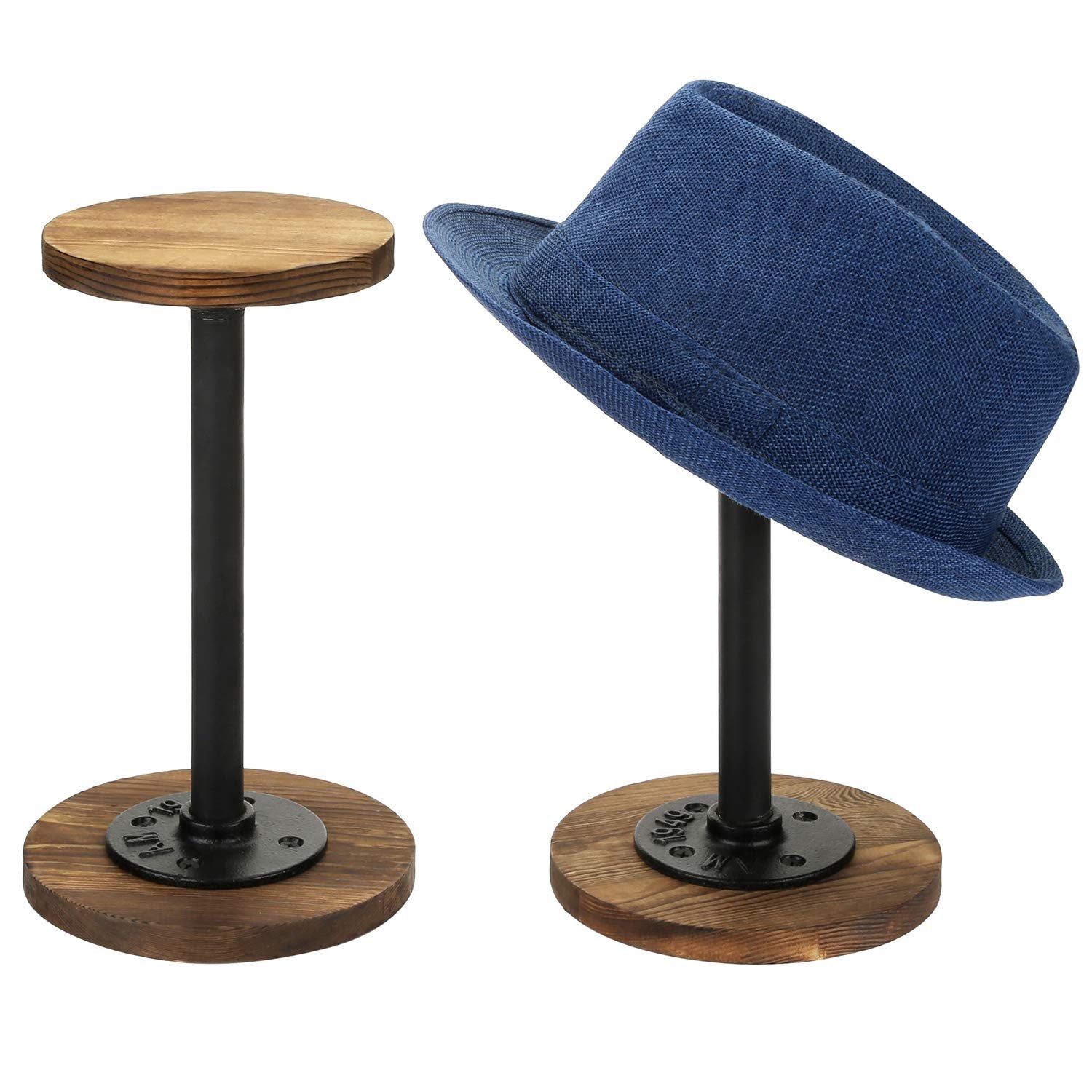 MyGift Rustic Burnt Wood Hat Holder Stand with Industrial Metal Pipe, Wig Rack or Jewelry Display Riser, Set of 2 (Burnt Wood, M