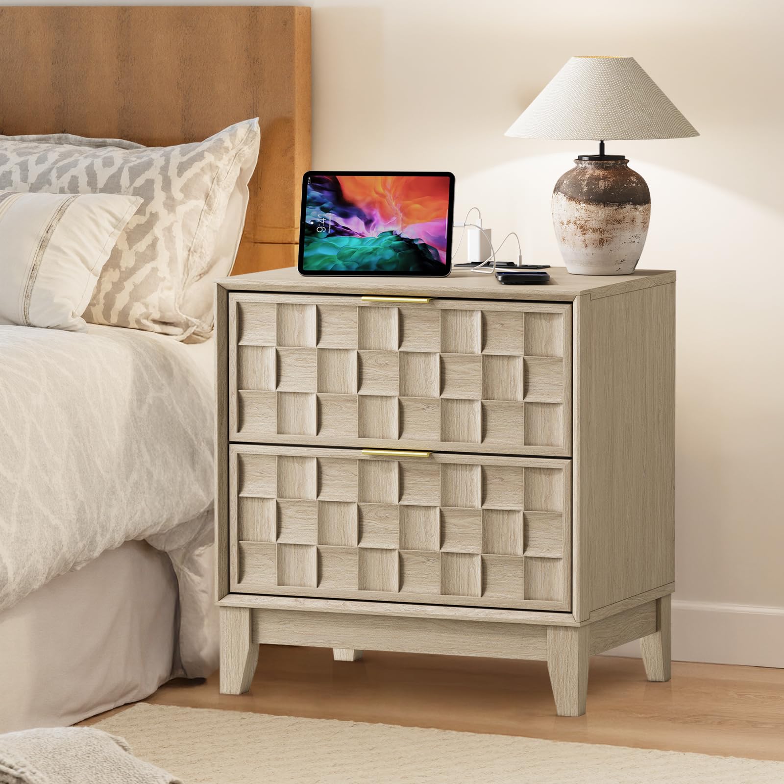 COLAMY Nightstand with Charging Station, 22 Modern Bed Side Table with 2 Storage Drawers and Chessboard Relieffor Bedroom, Dorm 