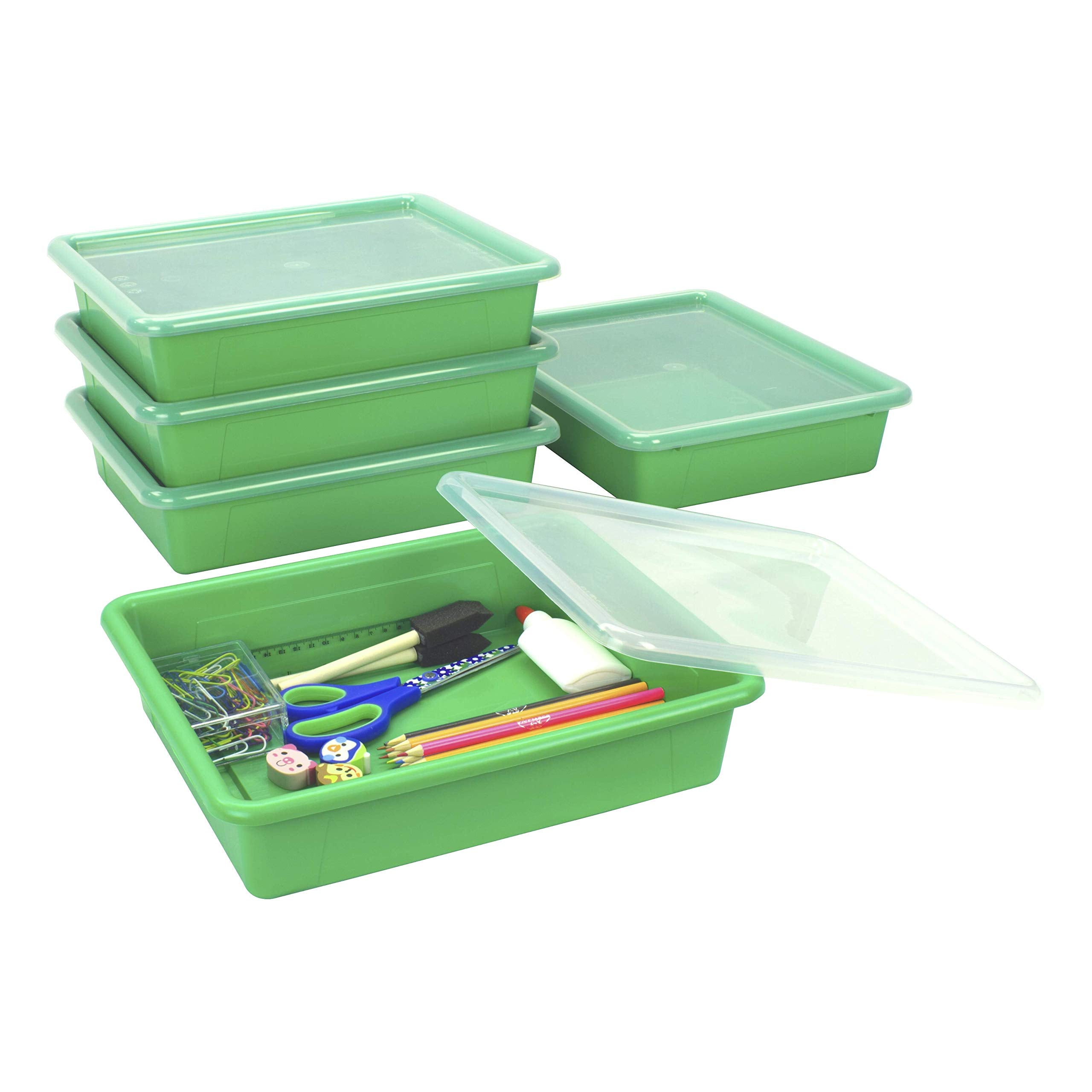 Storex Letter Size Flat Storage Tray - Organizer Bin With Non-Snap Lid For Classroom, Office And Home, Green, 5-Pack (62539A05C)