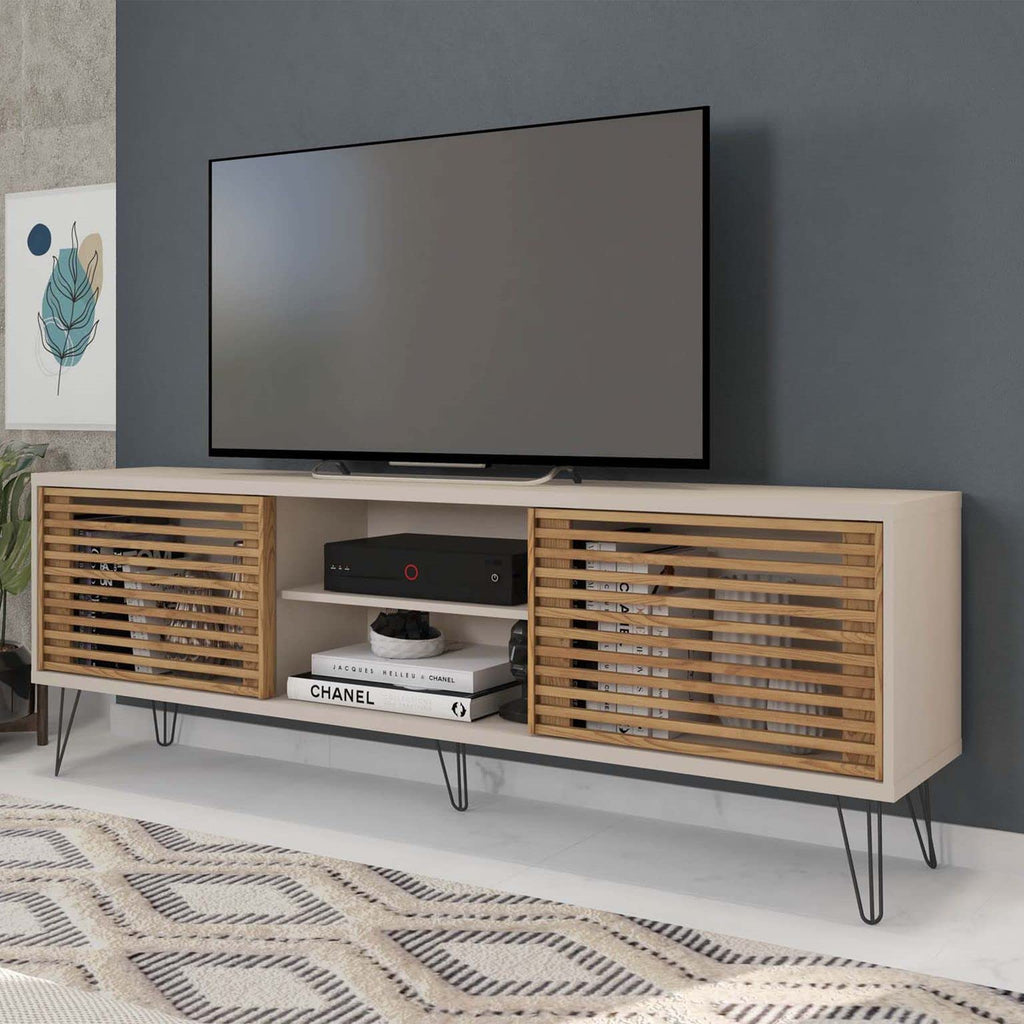 Woodpeckers Furniture And Mattress Frizz Mid-Century Modern TV Stand for 70 Inch TV (Beige - Brown)