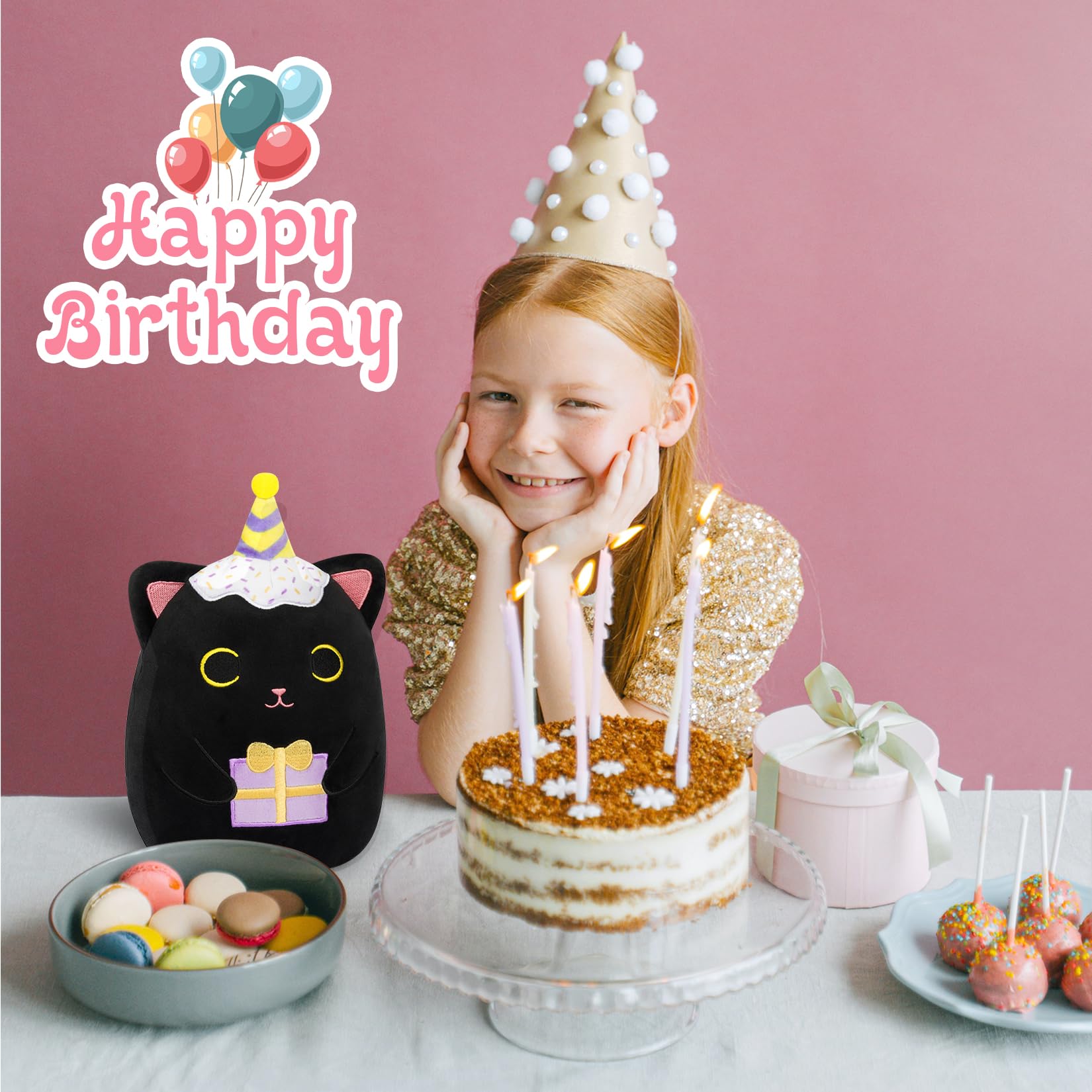 Leokawin Black Cat Plush,8In Birthday Stuffed Animal Cat Plush, Happy Birthday Black Cat Plush Pillow, Soft Cute Cat Plush Birth