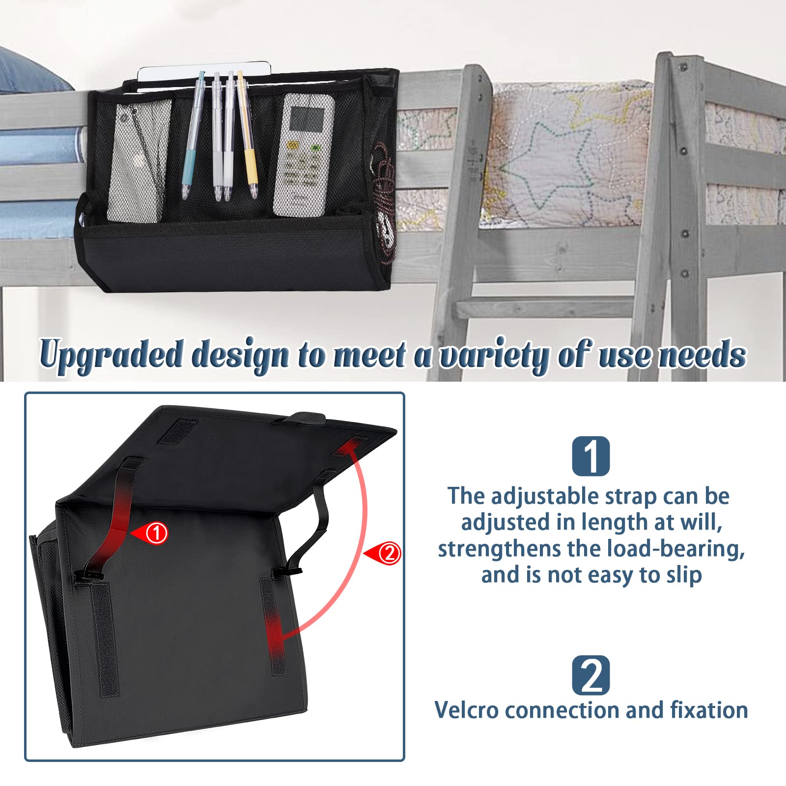 Retyion Bedside Storage Organizer With Power Strip Holder And Adjustable Straps Bed Hanging Bag For Home Bunk Bed Dorm Sofa (Bla