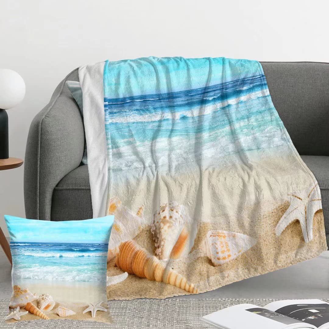Beach Throw Blanket 60X50 Inch, Beach Starfish Lightweight Soft Microfiber Throw Blanket With 18X18 Inch Pillowcase Perfect For