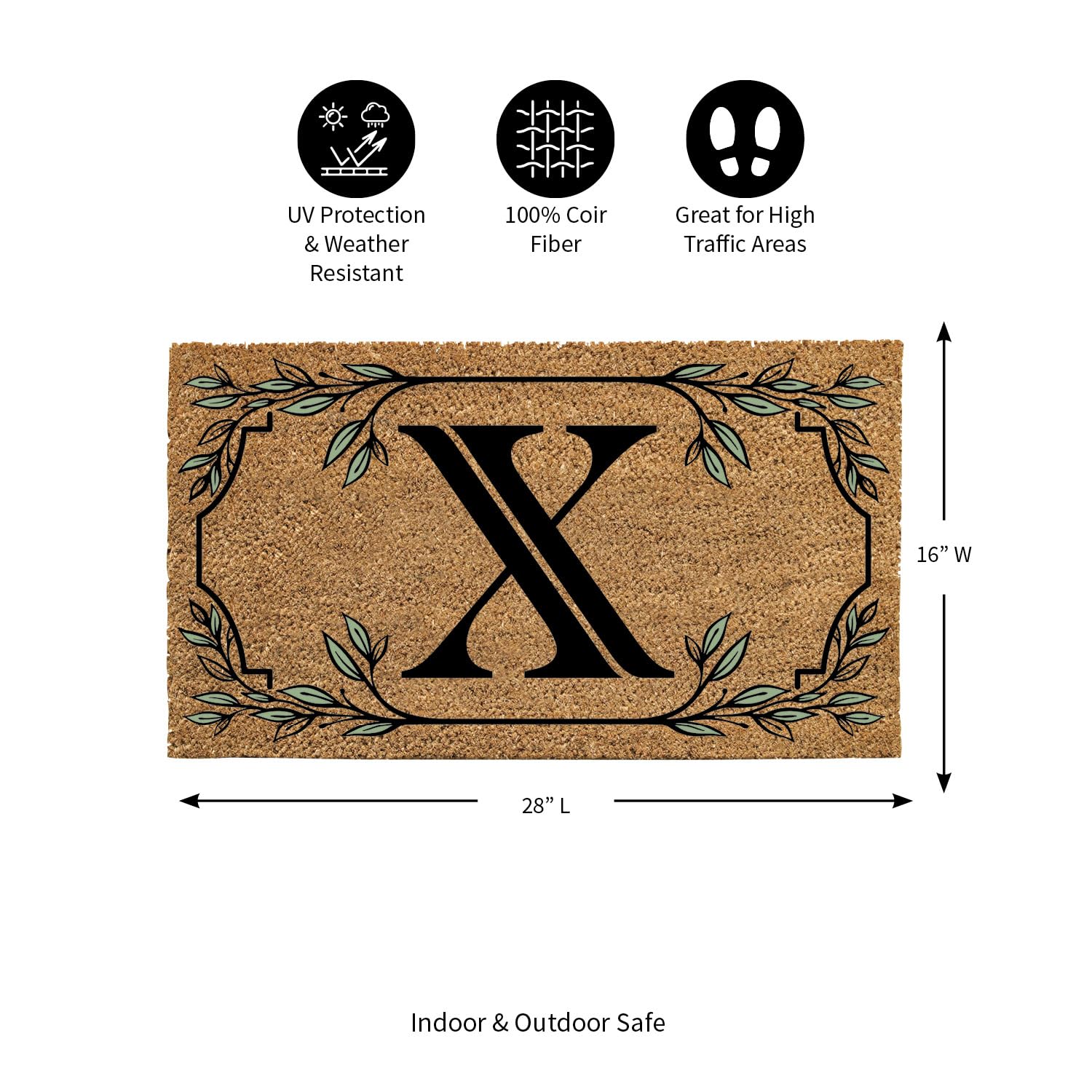 Evergreen Monogram Coir Doormat | Letter X | Front Door Mat For Outdoor Indoor Entrance | 28X16 Inches | Non-Slip Backing Doorwa