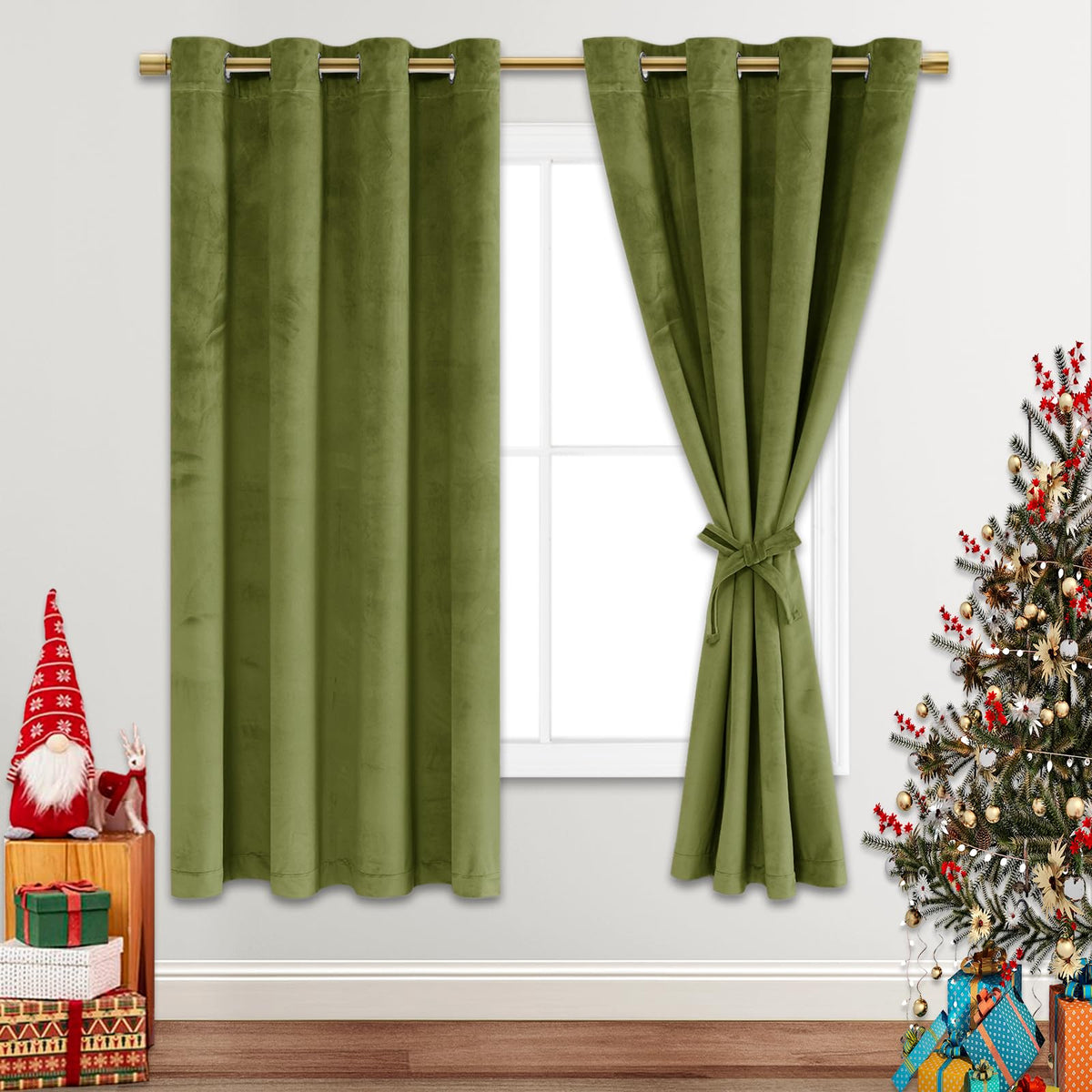 Jiuzhen Moss Green Velvet Curtains 63 Inches Blackout Curtains For Living Room - Thermal Insualted Room Darkening Grommet Thick