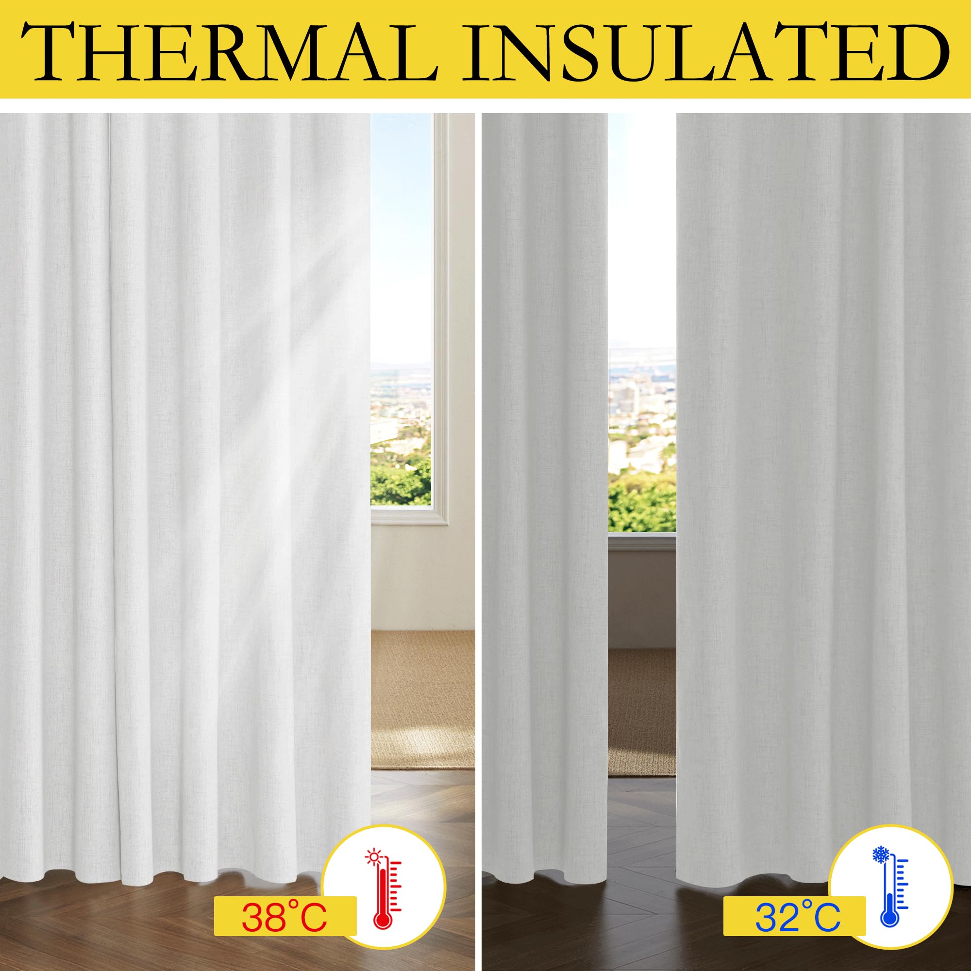 Nicetown 100% Absolutely Blackout Linen Curtains With Thermal Insulated Grey Liner, Greyish White, 52 Inches Wide, 84 Inches Length Energy Saving Curtains For Living Room 2 Panels Set, Vertical Blinds
