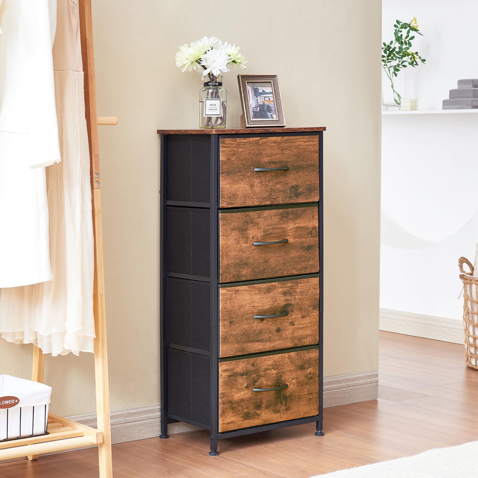 Somdot Tall Dresser For Bedroom With 4 Drawers, Storage Organizer Chest Of Drawers With Removable Fabric Bins For Living Room Closet Bedside Nursery Laundry Entryway Hallway, Wood Grain Print