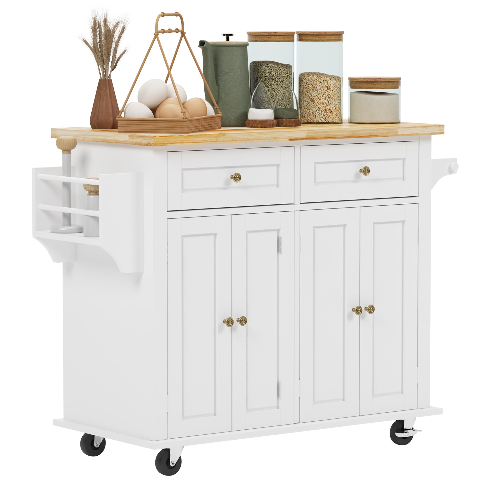 Sogeshome Kitchen Island Cart With Storage Kitchen Cart Sideboard And Buffet With Wheels Bar Cart With Large Countertop, With Towel Holder And Spice Rack, 2 Drawers, 2-Door Cabinets, White&Maple