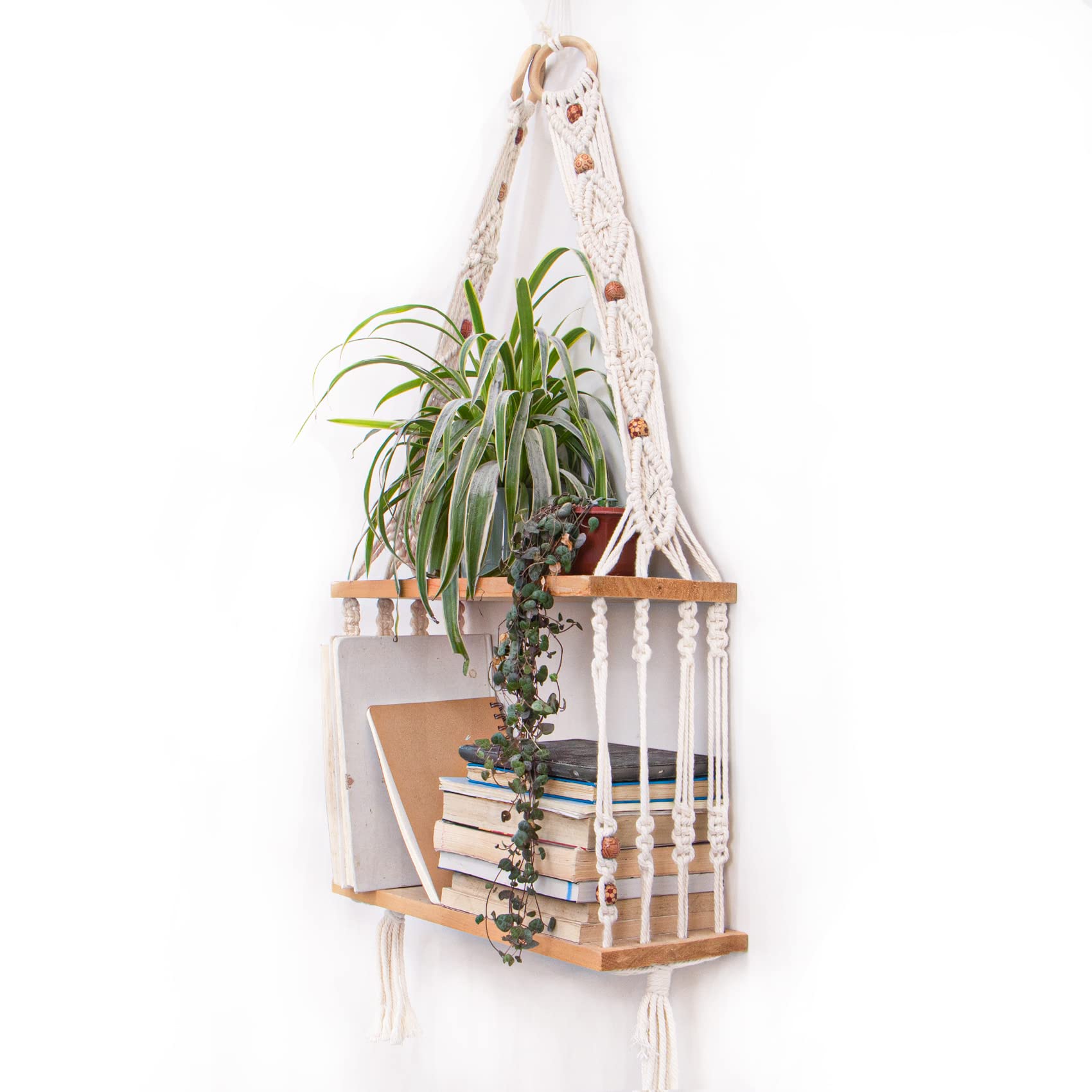 TENEWEE Boho Wall Hanging Shelves Macrame Floating Plant Photos Wood Shelf for Bedroom Living Room Apartment Decor