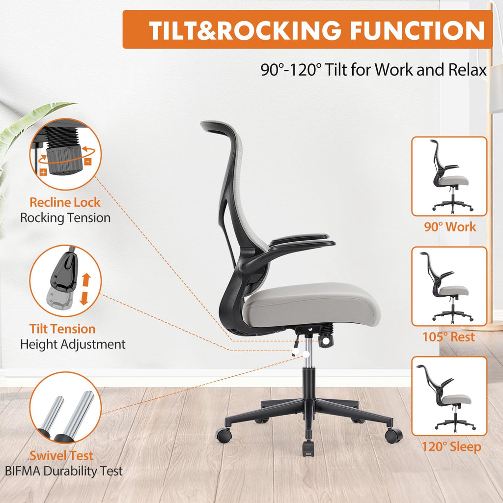 Sweetcrispy Ergonomic Office Desk Computer Chair, Comfy High Back Swivel Rolling Home Mesh Gaming Chairs With Wheels, Lumbar Support, Flip-Up Arms,120°Tilt For Bedroom, Study, Work, Grey