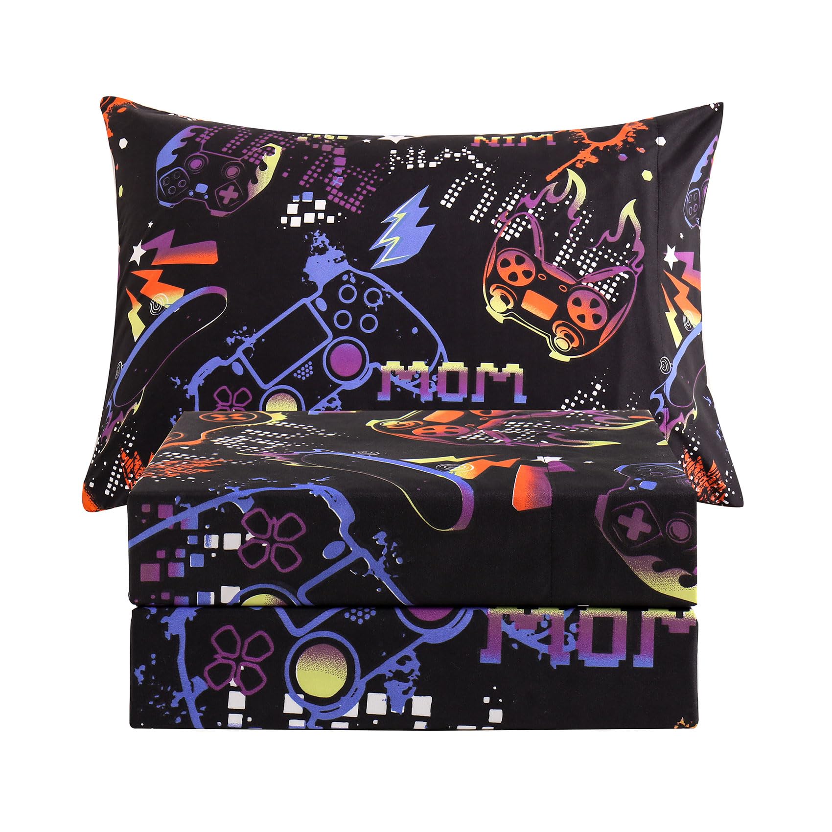 Jsd Black Gaming Sheet Set Twin Size, 3 Piece Soft Kids Game Printed Microfiber Bed Sheets Deep Pocket