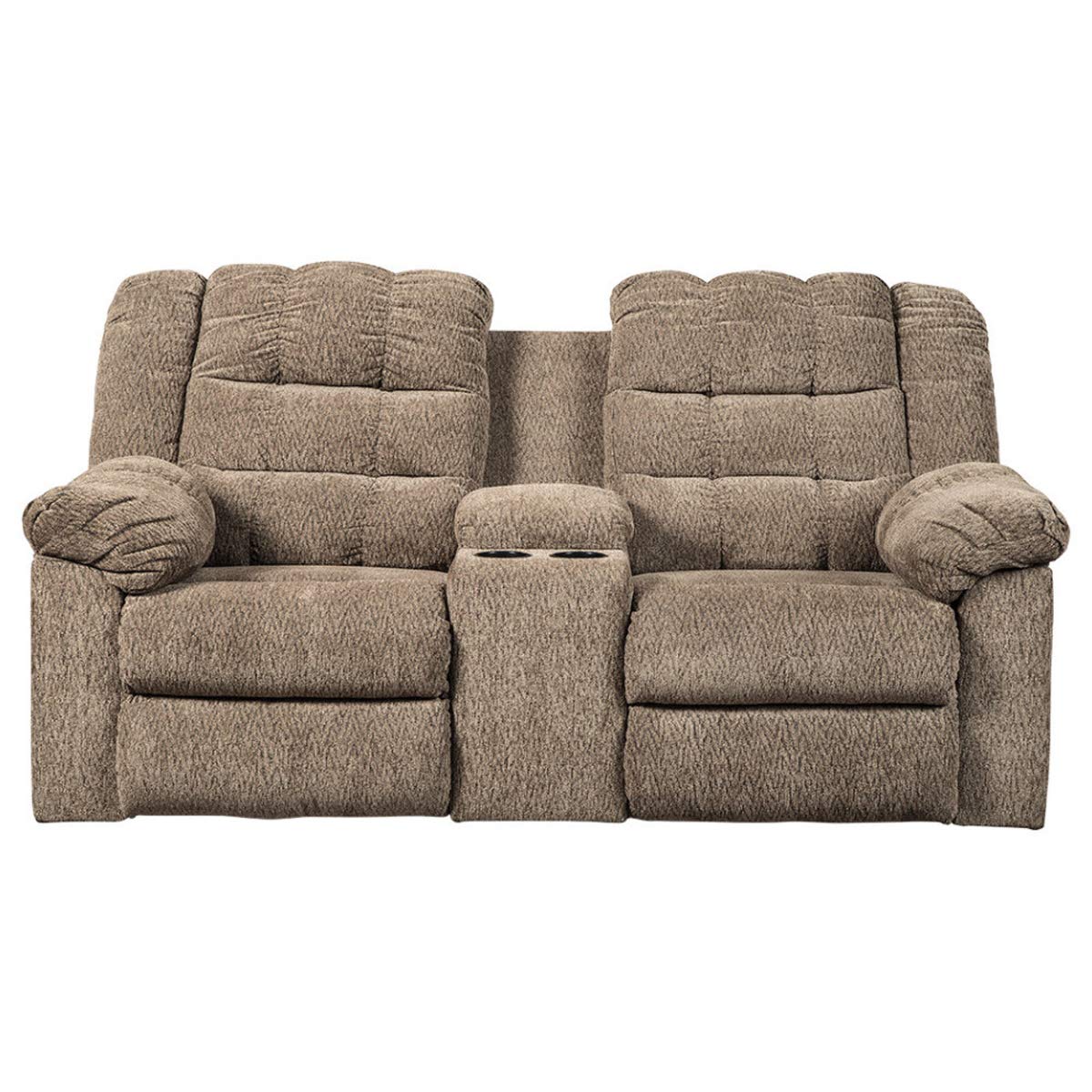 Benjara Tufted Polyester Upholstered Metal Reclining Loveseat with Console, Brown