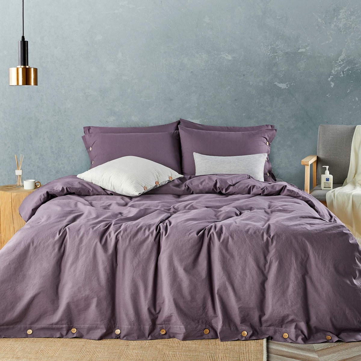 Jellymoni Purple 100% Washed Cotton Duvet Cover Set, 3 Pieces Luxury Soft Bedding Set With Buttons Closure. Solid Color Pattern