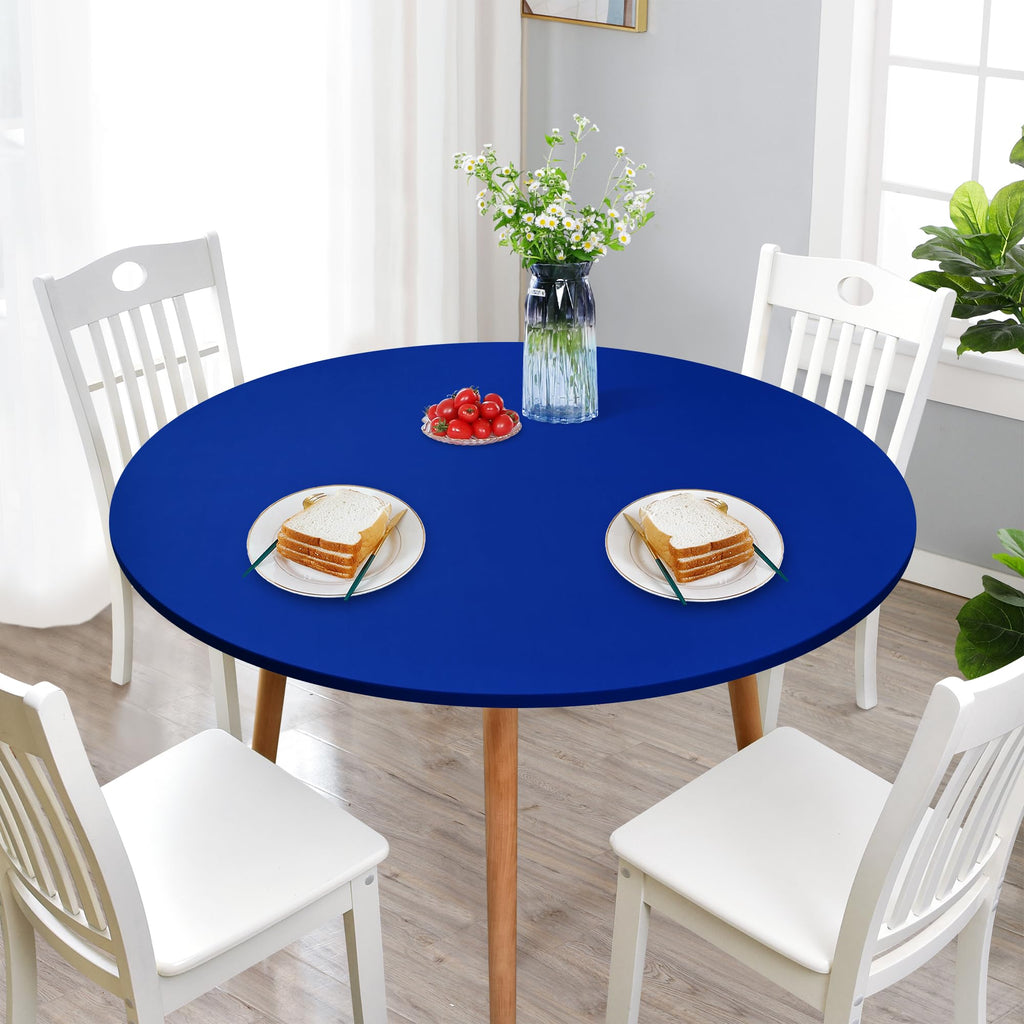 Newisher Round Fitted Table Cover Spandex Stretch Tablecloth Blue Table Top Cover With Elastic Edged For Dining Picnic Patio 48 Inch