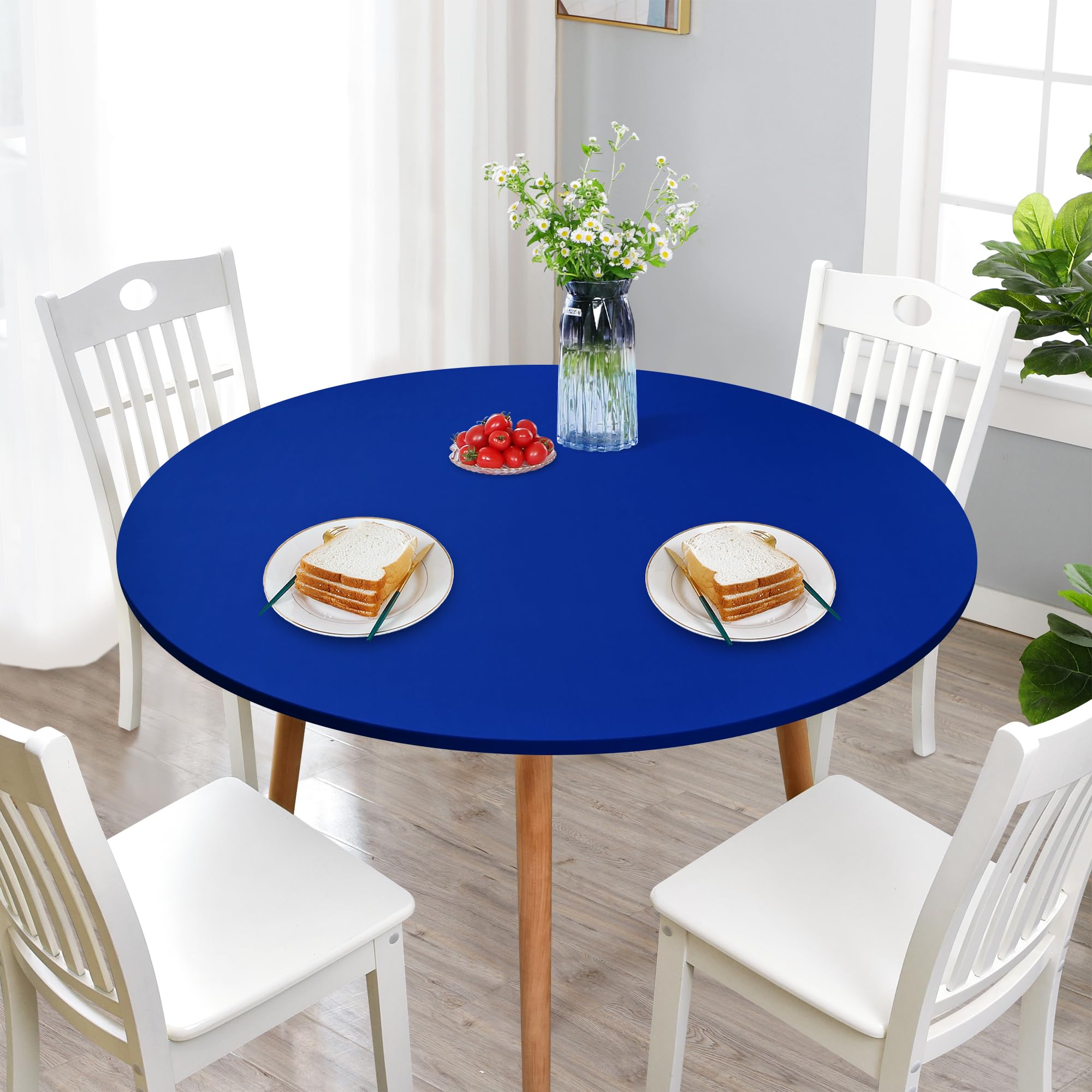 Newisher Round Fitted Table Cover Spandex Stretch Tablecloth Blue Table Top Cover With Elastic Edged For Dining Picnic Patio 48 Inch
