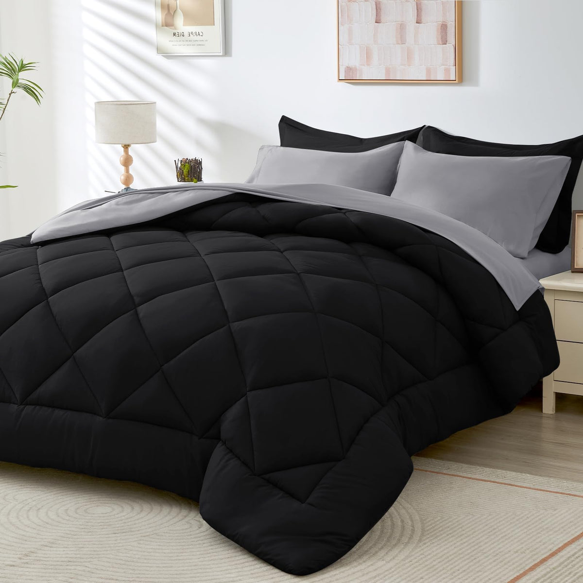 7 Pieces California King Comforter Set, All Season Oversized Bed In A Bag, Down Alternative Bedding Sets With Cali Comforter, Fl