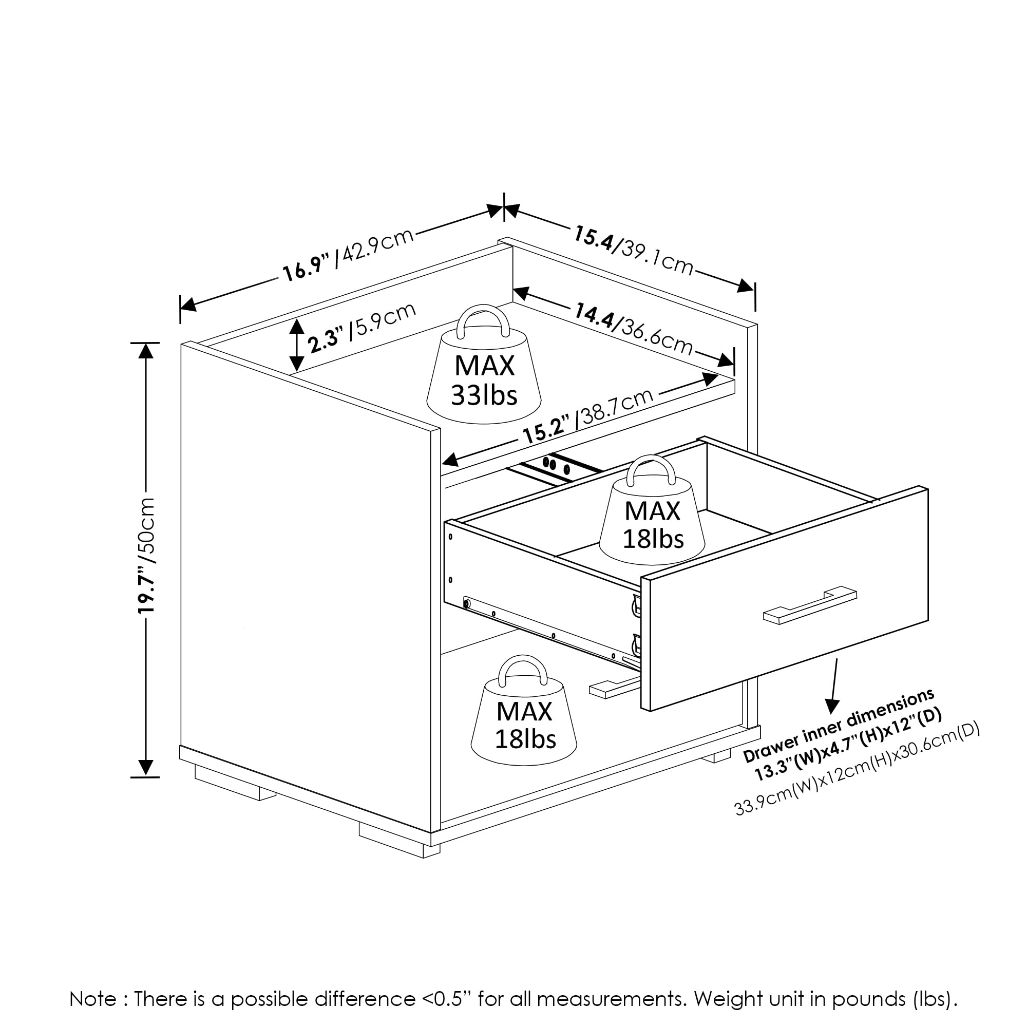 Furinno End Side Night Stand Modern Bedroom Bedside Tables Handle 2 Chest Nightstand, 1-Pack Drawer, Columbia Walnut/Black