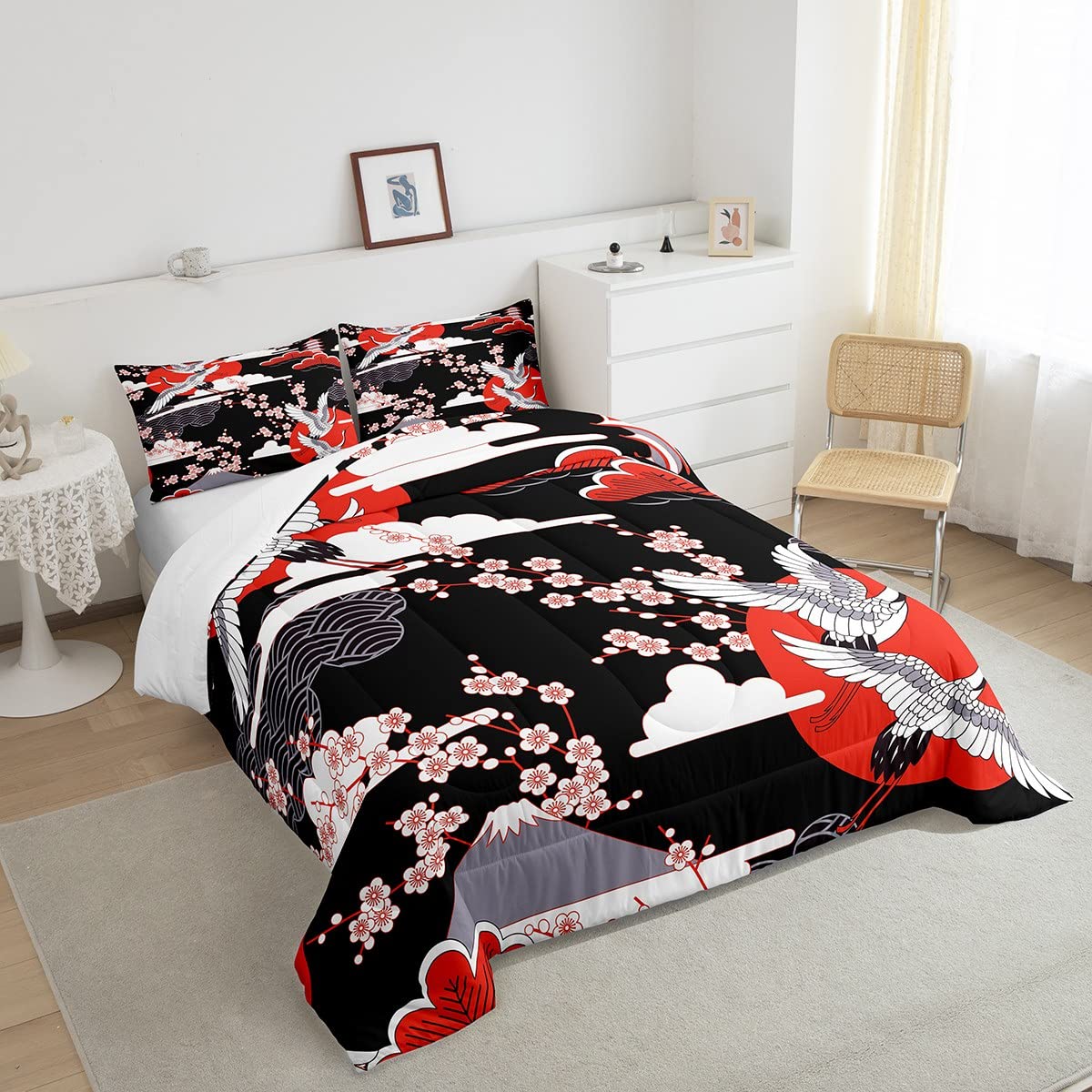 Japanese-Style Comforter Set King Size Pink Cherry Blossoms Bedding For Boys Girls Women Soft Microfiber 3 Pieces Quilted Duvet