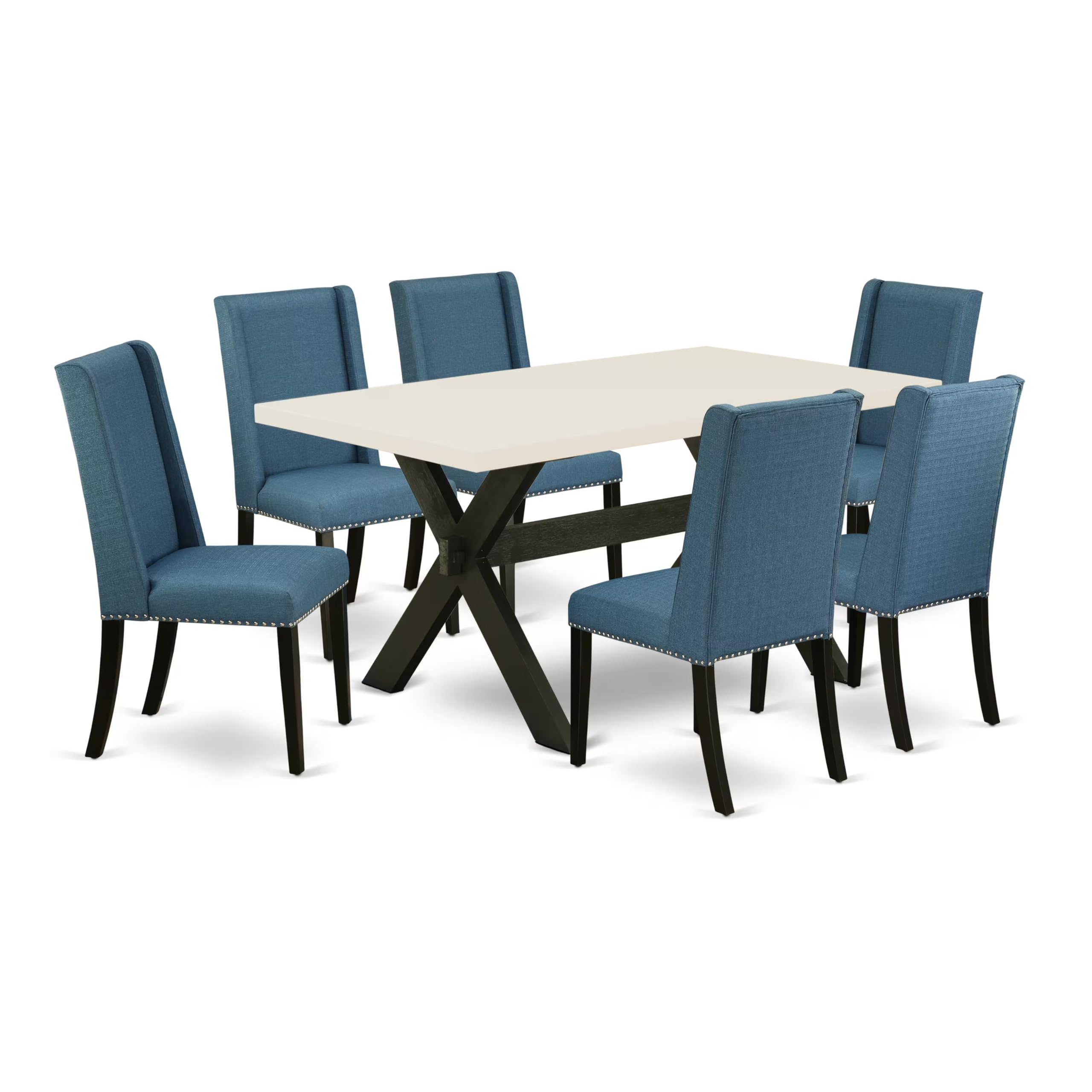East West Furniture X626Fl121-7 7 Piece Dining Room Furniture Set Consist Of A Rectangle Dining Table With X-Legs And 6 Blue Linen Fabric Upholstered Chairs, 36X60 Inch, Multi-Color