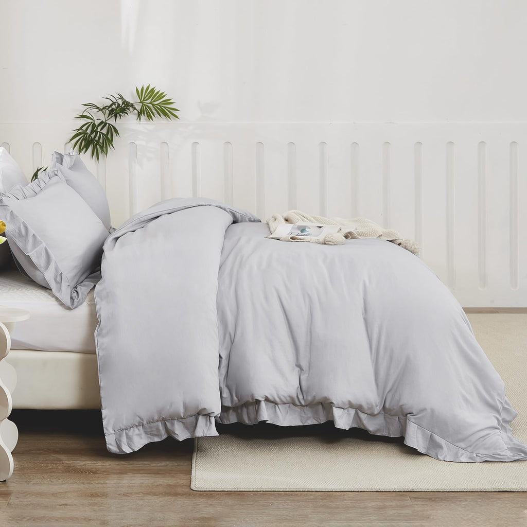 Litanika Light Grey Queen Comforter Set, 3 Pieces Ruffle Farmhouse Aesthetic Bedding Comforter Set, All Season Soft Lightweight