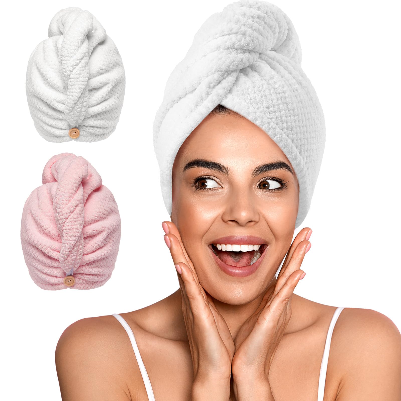 YFONG 2 Pack Microfiber Hair Towel Wrap for Women, Super Absorbent Quick Dry Hair Turban for All Hair Style Anti Frizz, Large Ha
