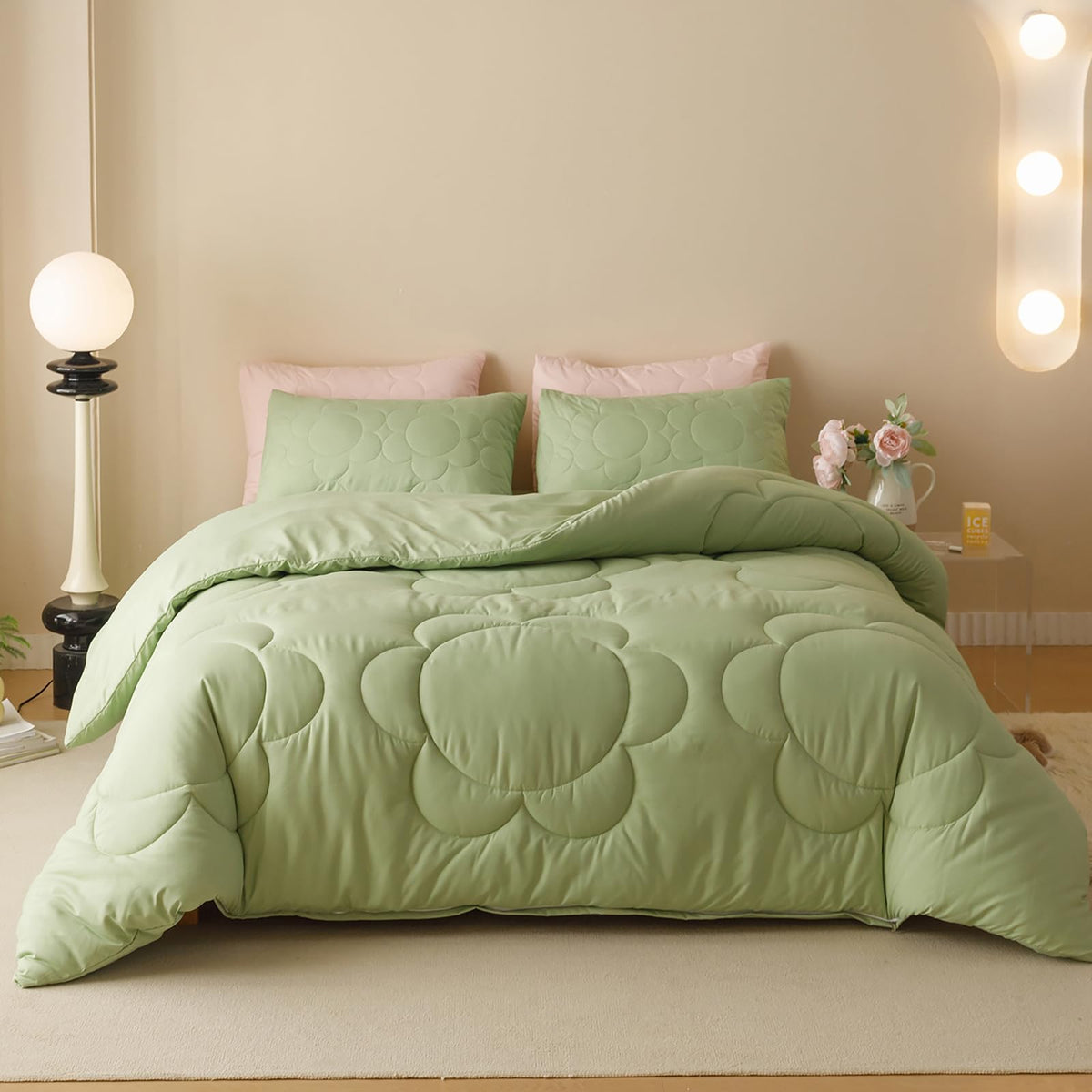 Luxlovery Sage Sunflower Comforter Set Twin Kids Teens Light Sage Green Quilts Big Flower Printed Sage Green Bedding Comforter S