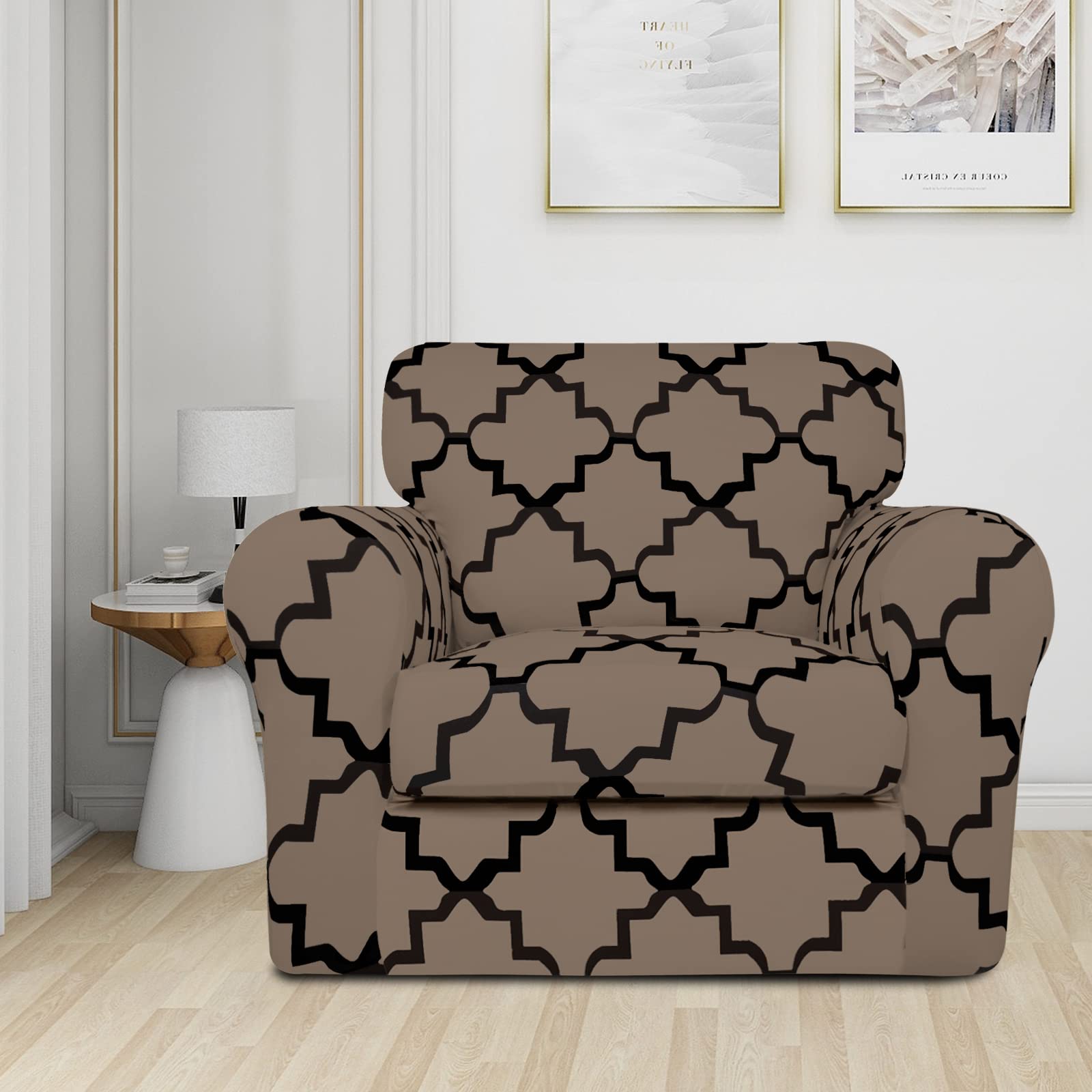 Easy-Going 2-Piece Stretch Couch Cover Print Fleece Sofa Slipcover, Micro Fiber Stylish Furniture Protector For 1 Cushion Sofa, Pets, Kids, Children, Dog (Chair, Quatrefoil/Camel)