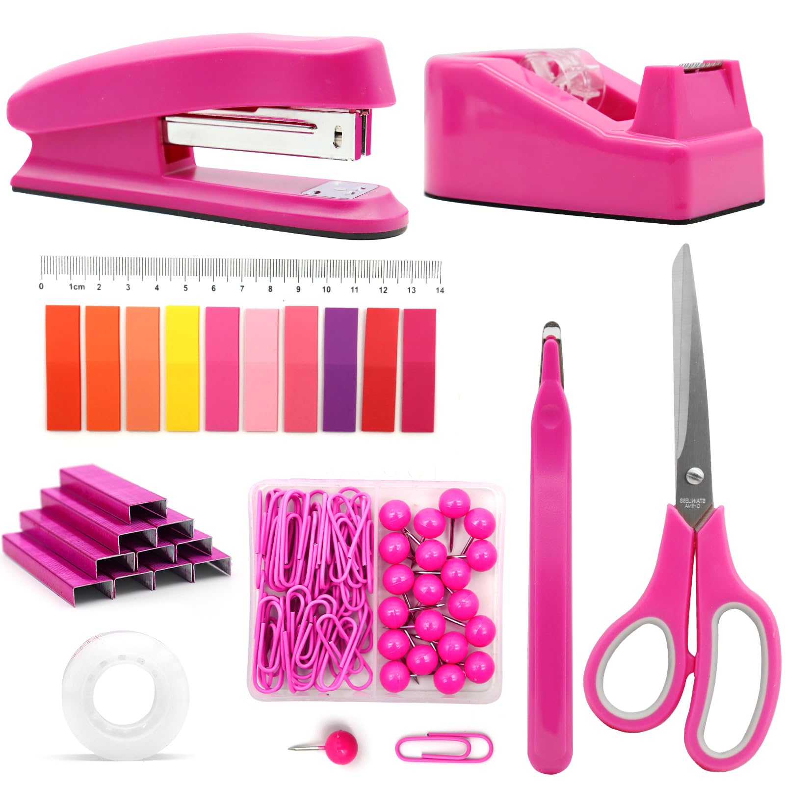 Hot Pink Desk Accessories, Hot Pink Office Supplies, Hot Pink Stapler And Tape Dispenser Set, Hot Pink Desk Accessory Kit, Gift