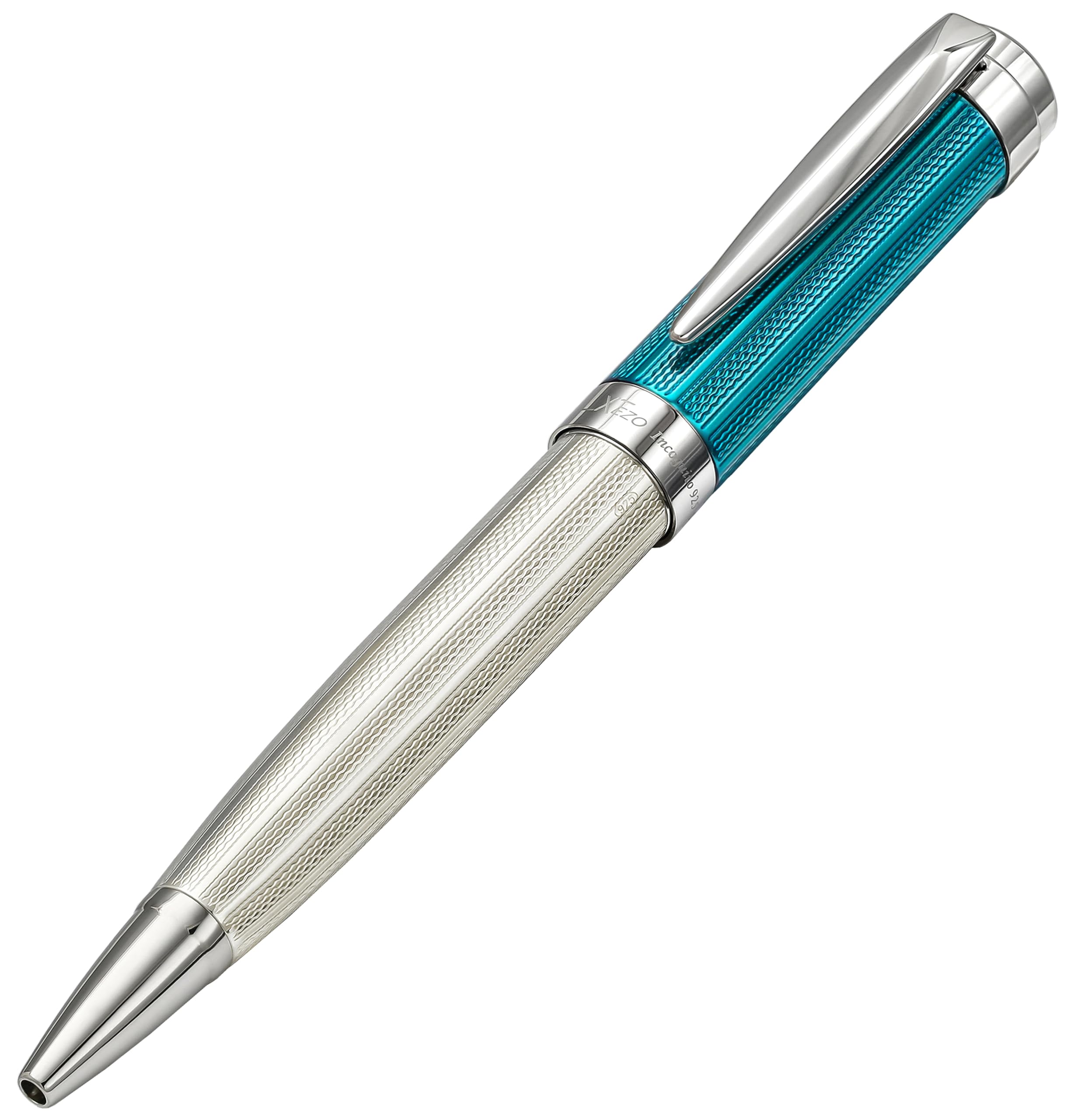 Xezo Incognito Twist-Action Ballpoint Pen, Solid 925 Sterling Silver With Azure Blue Lacquered Cap. Pure Platinum Plated. Weight