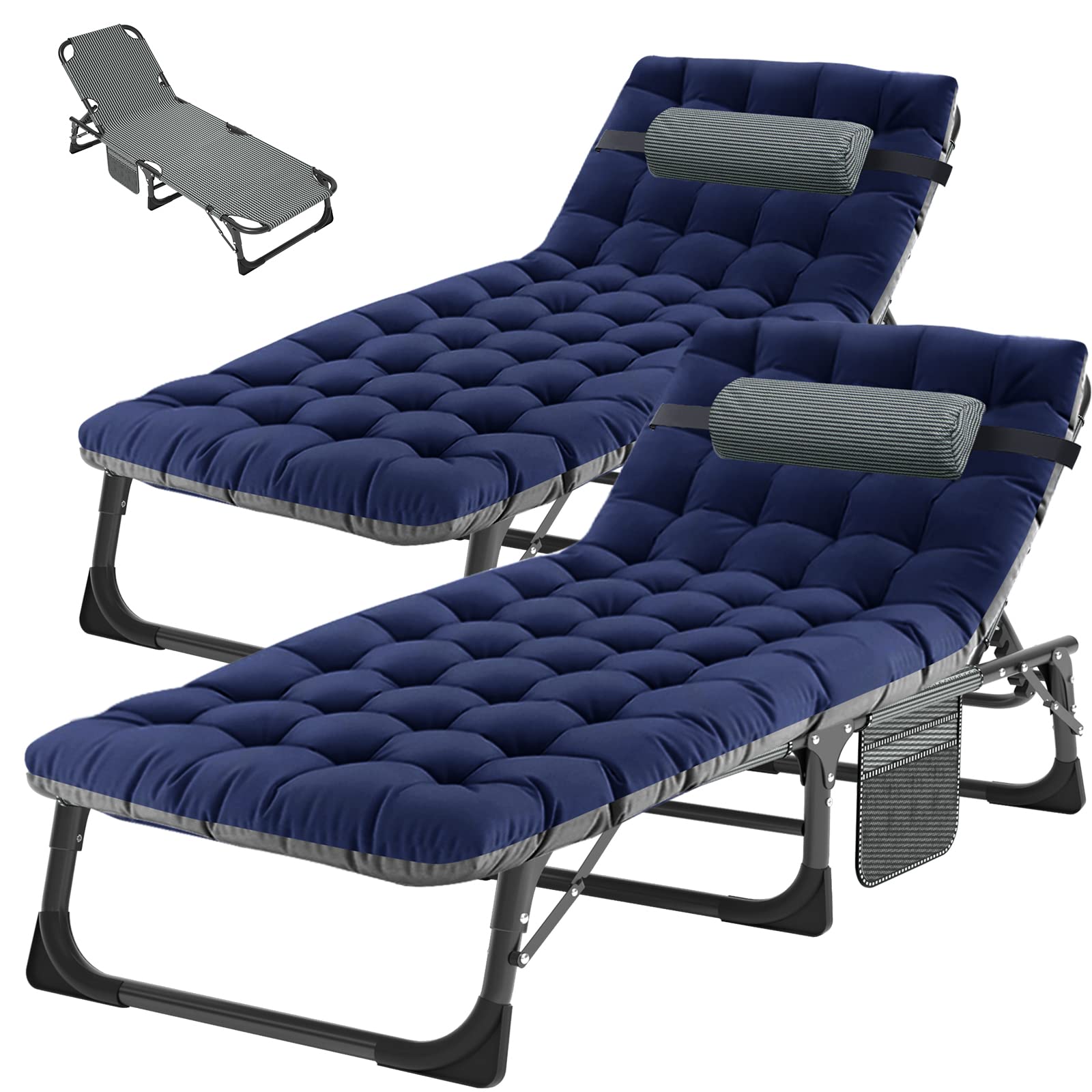 Aboron 2Pk Heavy Duty Tanning Chair, 5-Gear Outdoor Folding Chaise Lounge Chair With Cushion,Portable Beach Lounge Chair For Outdoor Sunbathing Patio Pool Lawn Deck Poolside