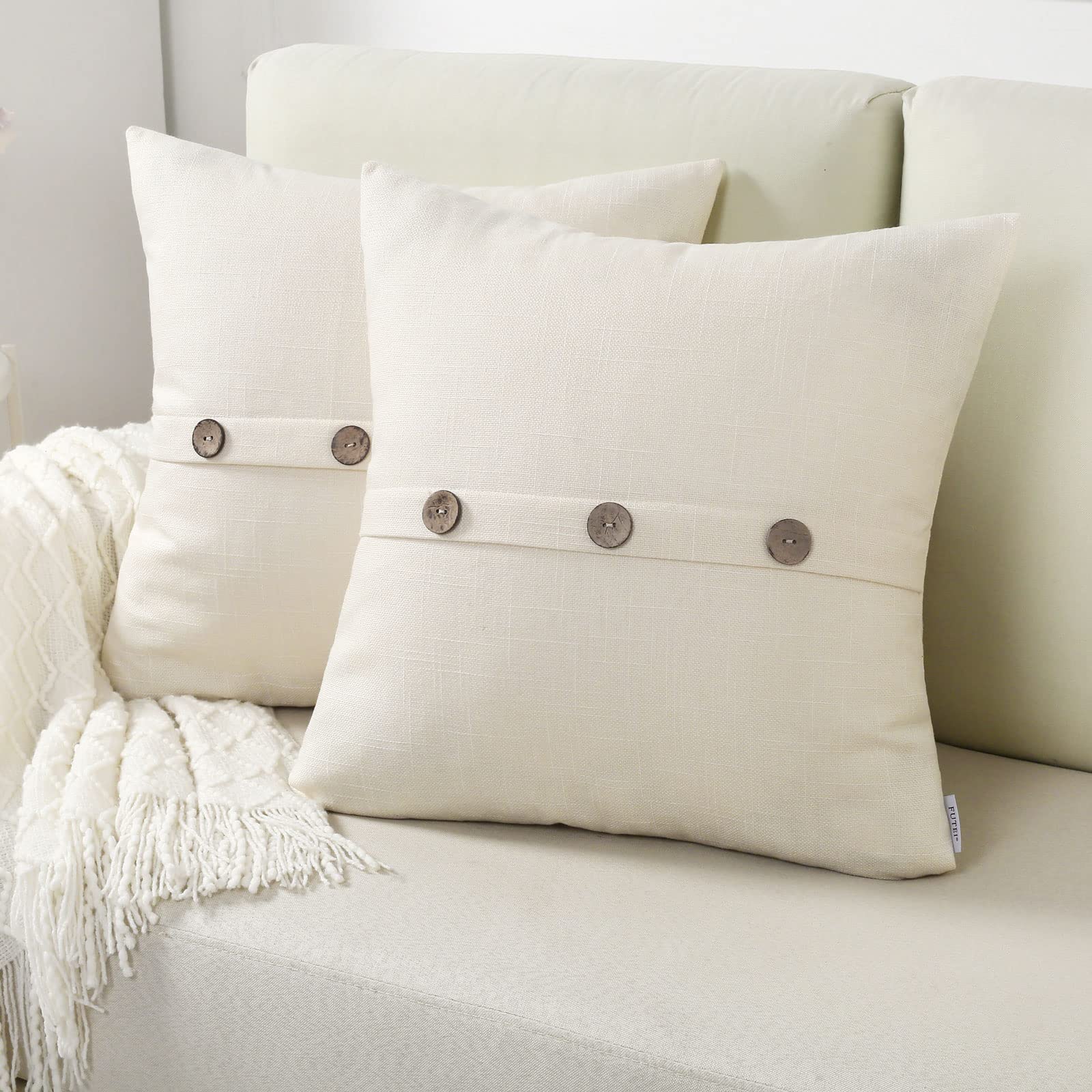 Futei Cream White Linen Decorative Throw Pillow Covers 26X26 Inch Set Of 2, Square Euro Shams Cushion Case With Vintage Button/Z
