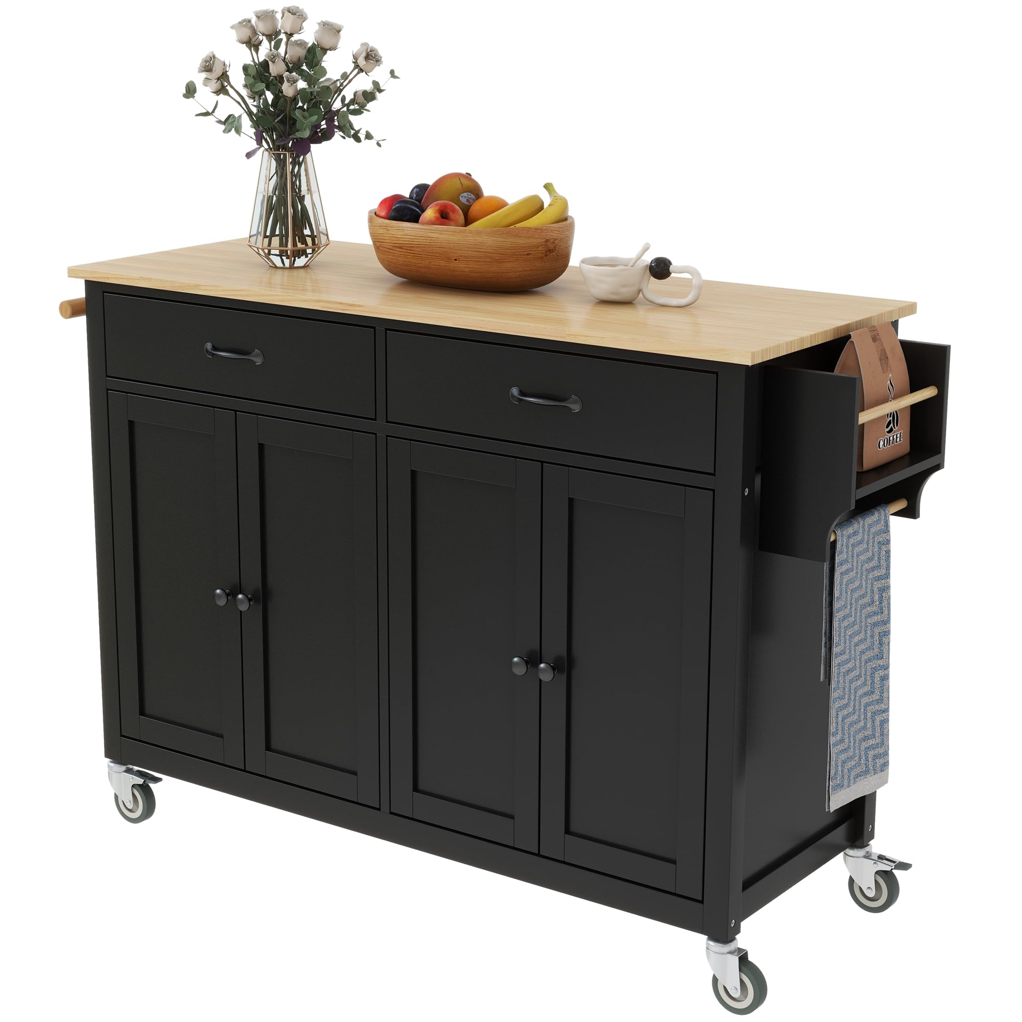 Lumisol Kitchen Island With Solid Wood Top, Large Kitchen Island On Wheels With 2 Storage Drawers, Rolling Kitchen Cart With Sto