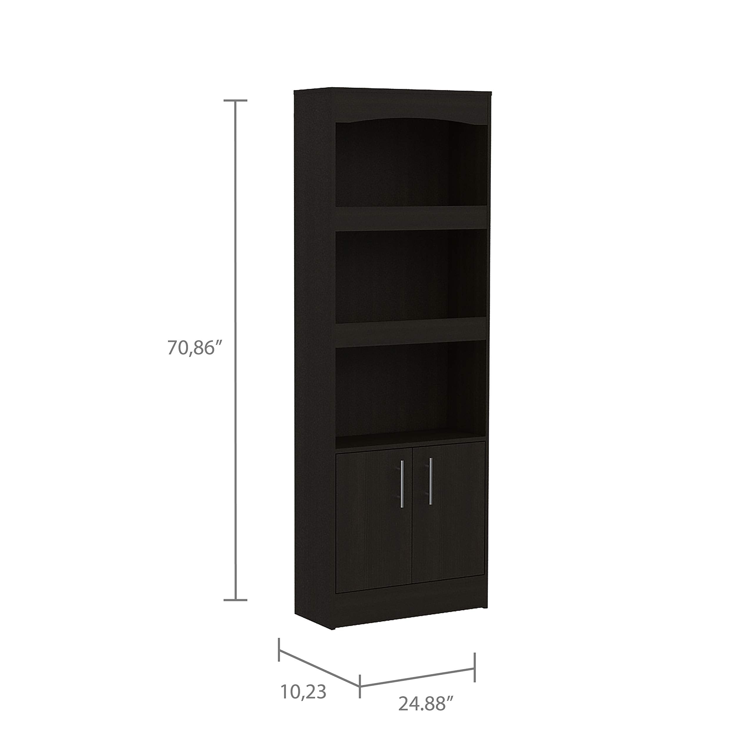 Dozza 71-inch Tall Bookcase with 3 Shelves, Double Door Cabinet, and Metal Hardware, Black Wenge