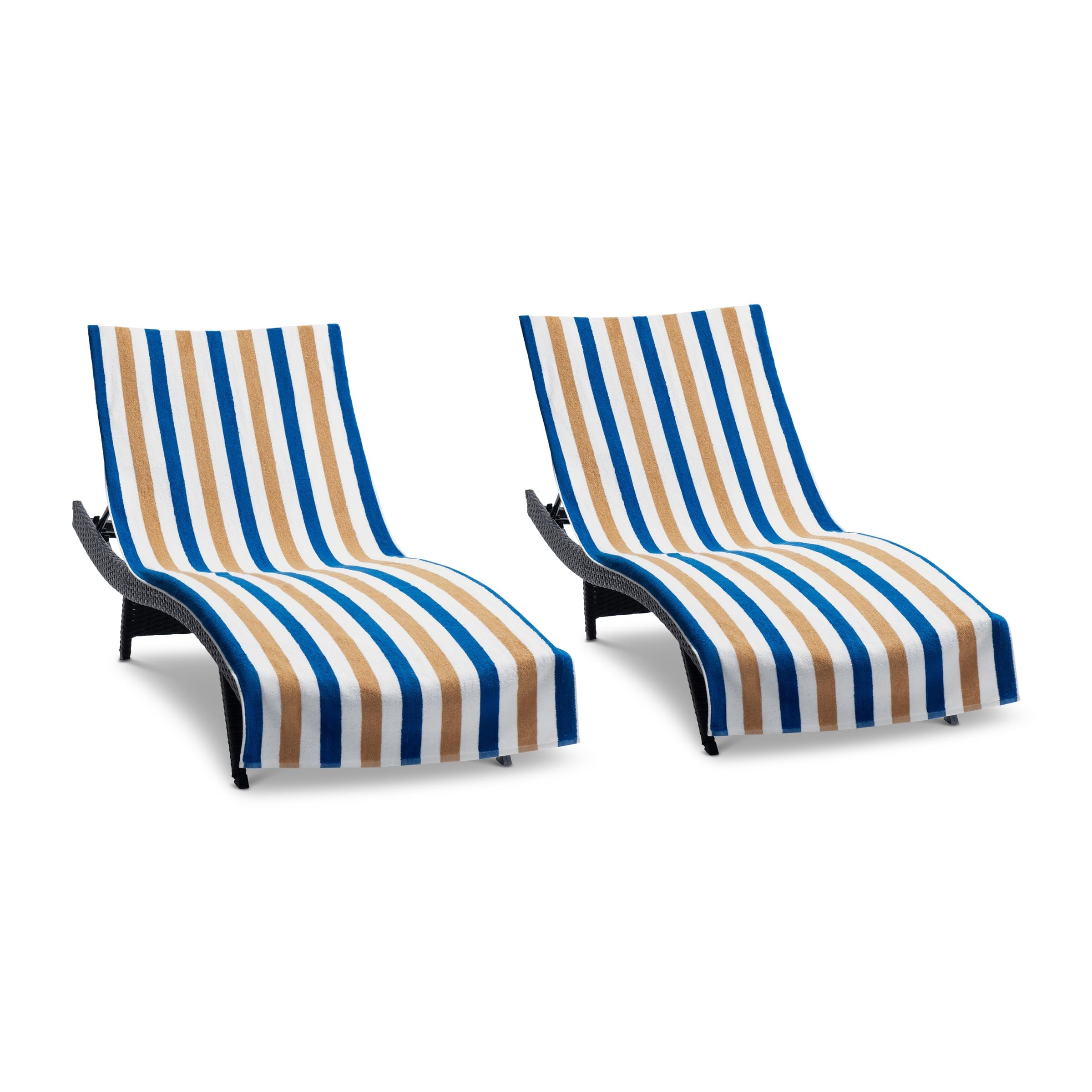 Arkwright Cabo Chaise Lounge Cover - Pack Of 2 - Striped Soft Cotton Cabana Towel With Pocket Holder For Beach Pool Outdoor Chair, 30 X 85 In., Royal Blue/Café Ole