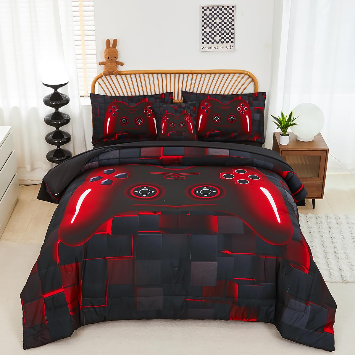 Perfemet 6-Piece Boys Comforter Set Full Size Game Console Bedding Set For Kids Teen 3D Black And Red Gamepad Gaming Bed In A Ba