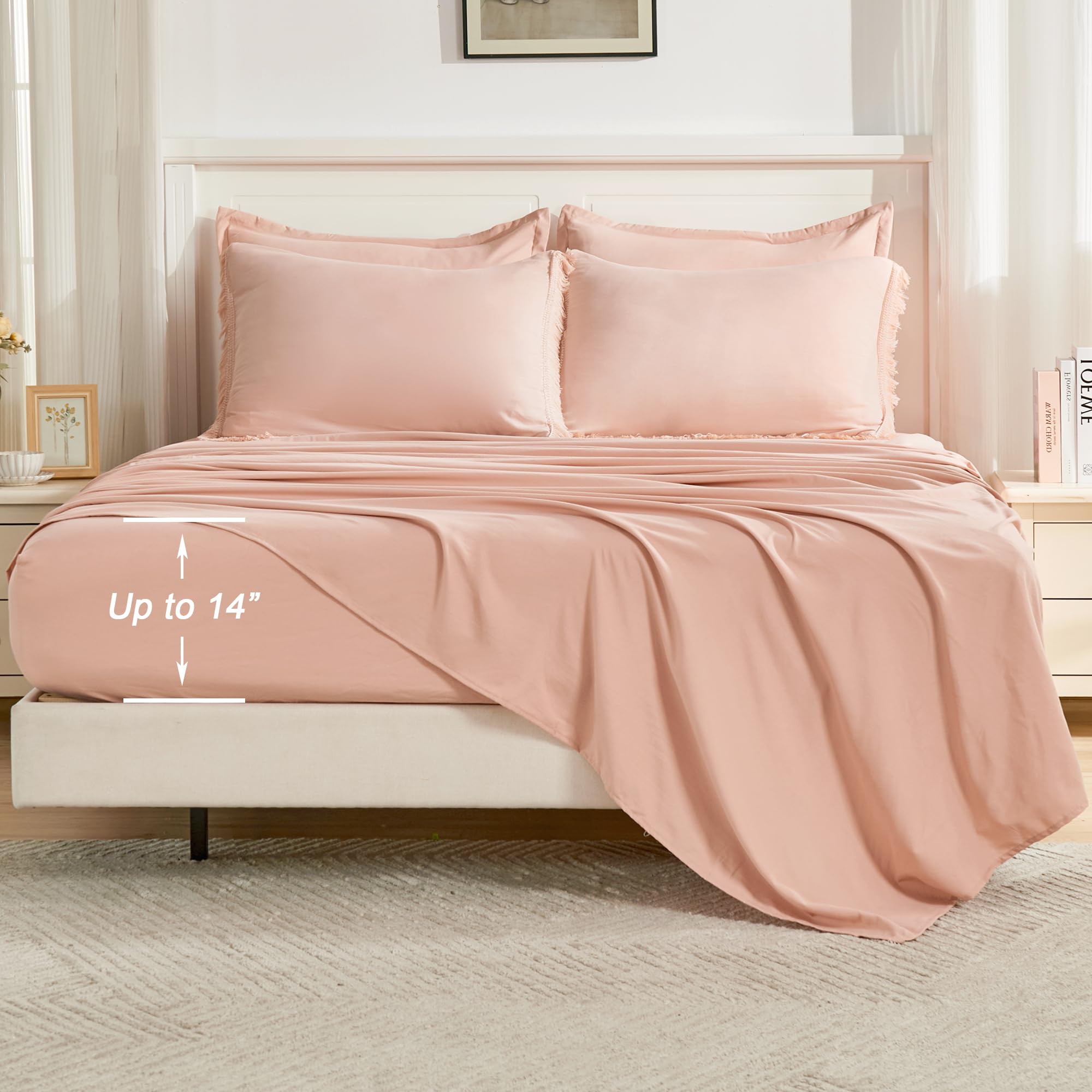 Andency Pink Queen Size Comforter Set With Sheets - 7 Pieces Boho Tassel Bed In A Bag Soft Lightweight Bedding Sets, Pink Fringe Bed Set With Comforter, Sheets, Pillowcases & Shams