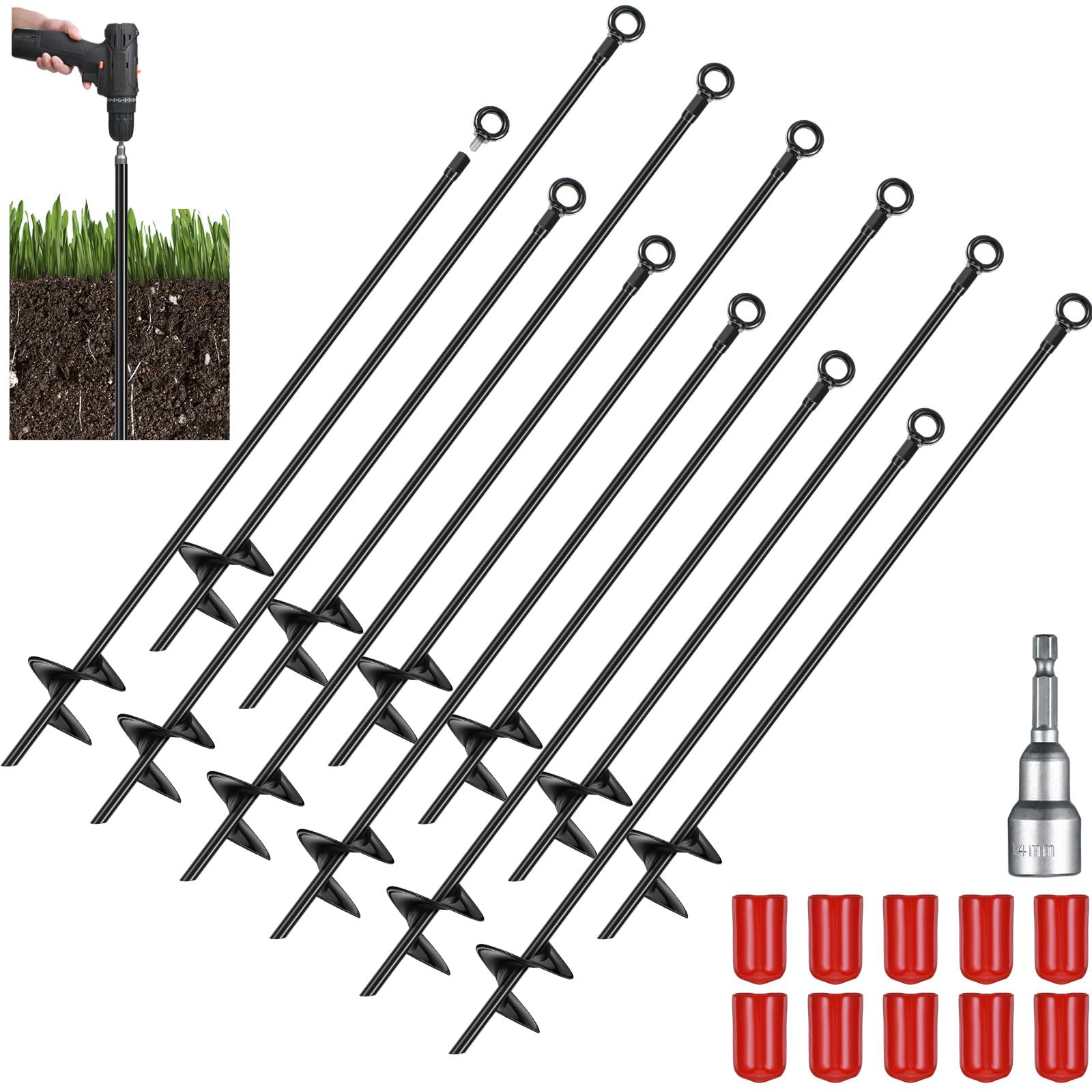Lasnten 12 Pcs 30 Inch Ground Anchor Spiral Blade Heavy Duty Earth Anchor Kit Metal Anchor Hook Swing Set Wind Stakes Ideal For